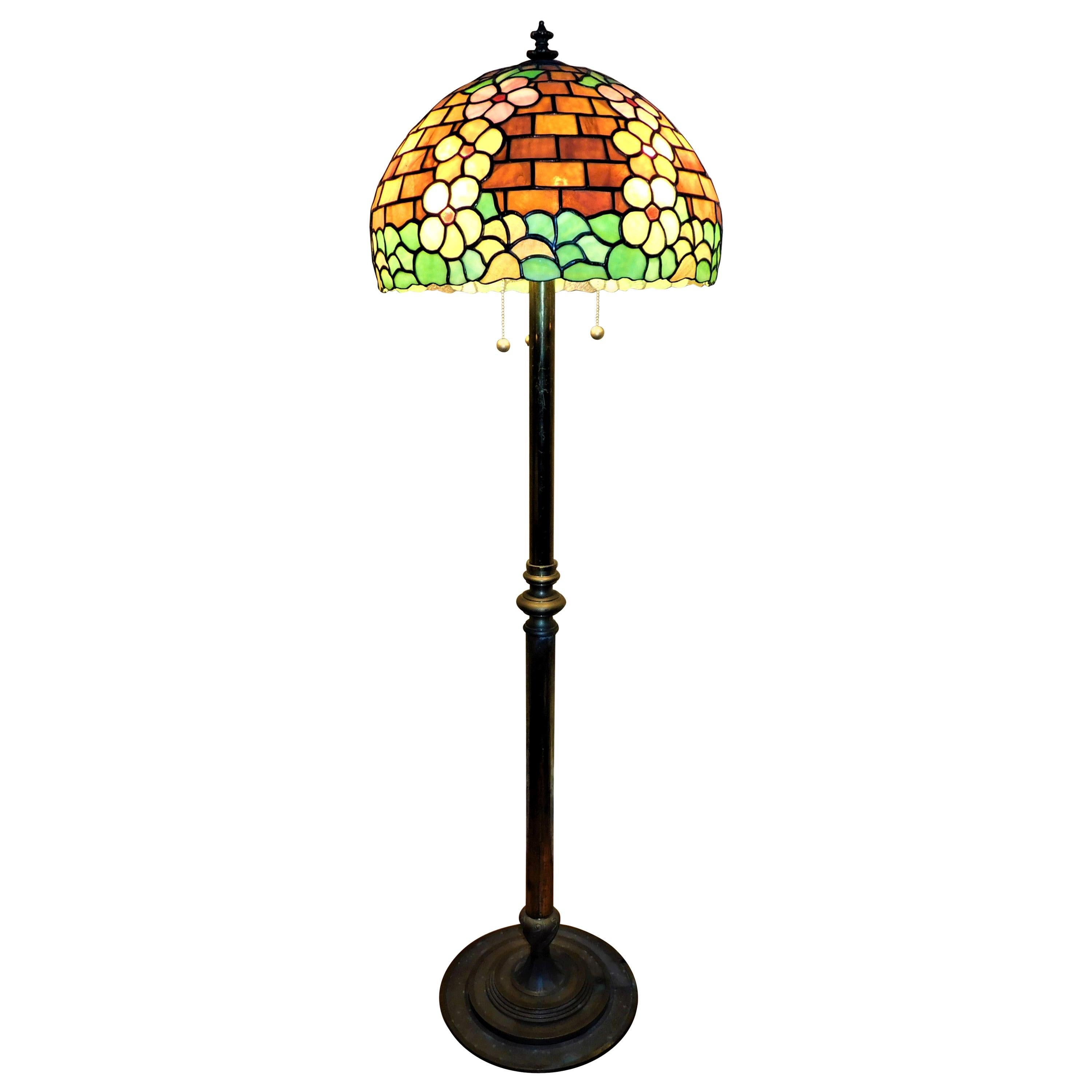 Brass Copper Floor Lamp with Handmade Tiffany Style Shade