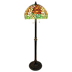 Vintage Brass Copper Floor Lamp with Handmade Tiffany Style Shade