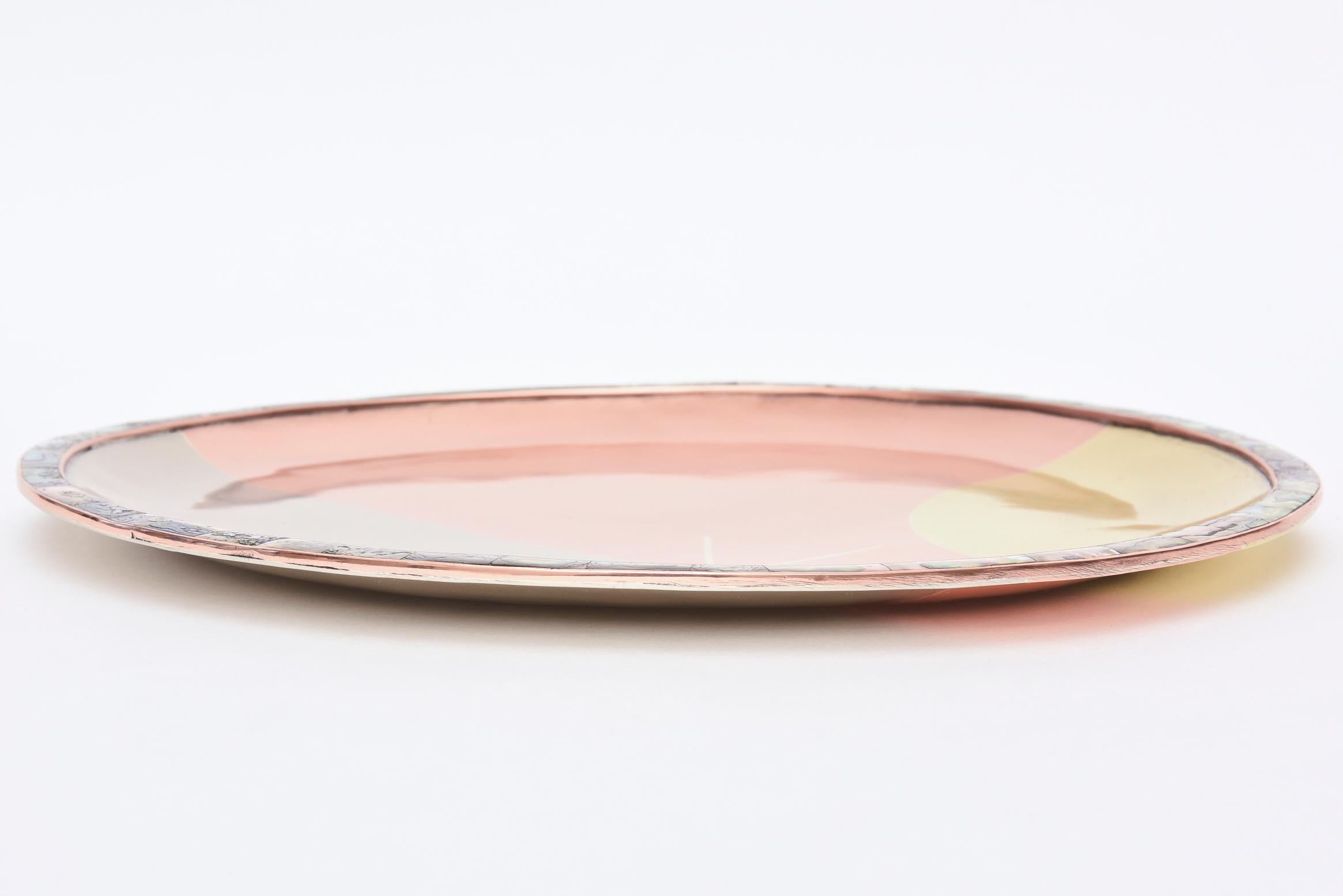 Brass, Copper, Silver, Sterling Silver with Abalone Tray Signed Mid Century (Mitte des 20. Jahrhunderts) im Angebot