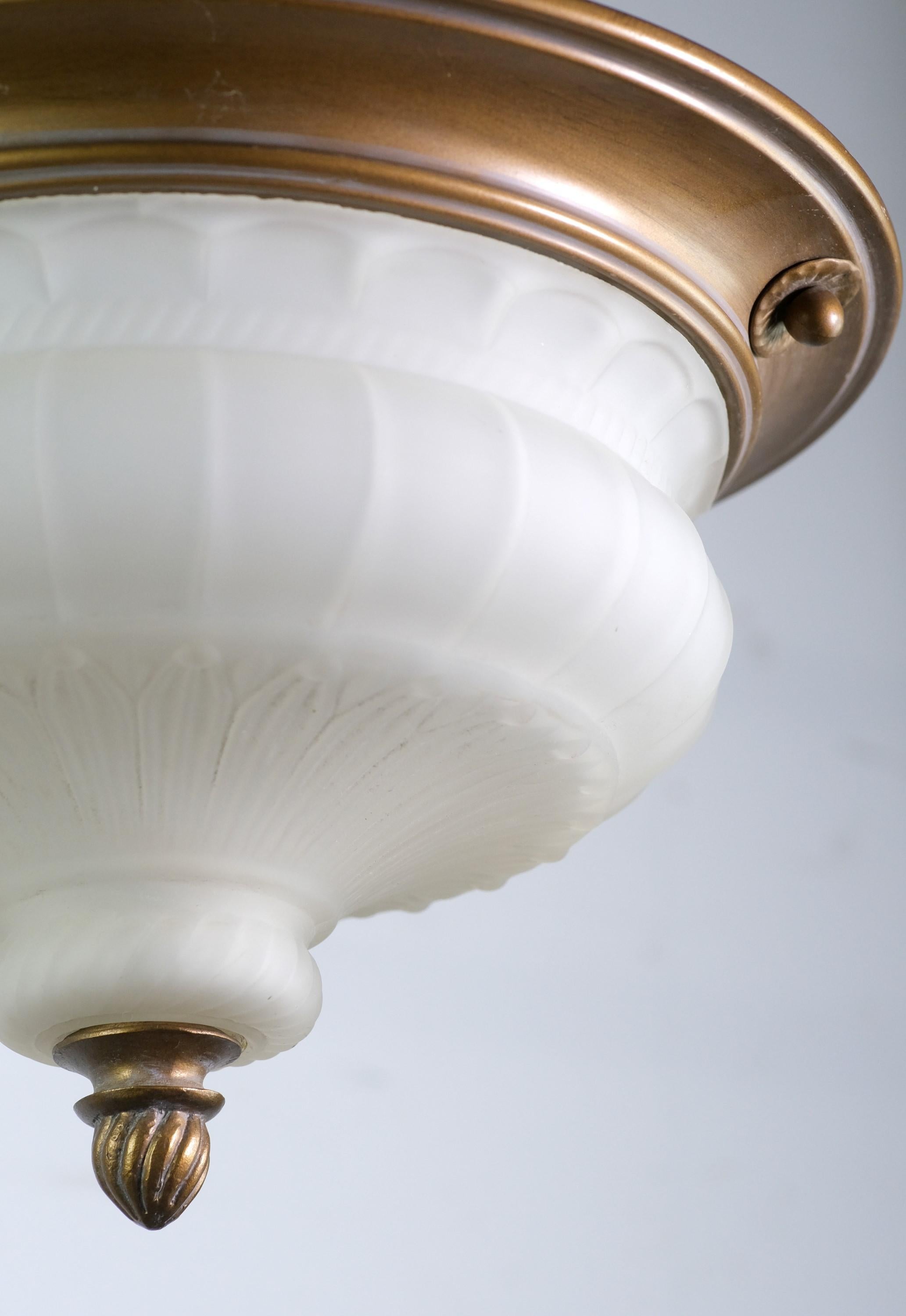 Brass Copper Wash Semi Flush Mount Frosted Glass Light In Good Condition In New York, NY