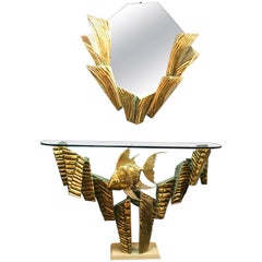 Console et miroir corail en laiton d'Alain Chervet