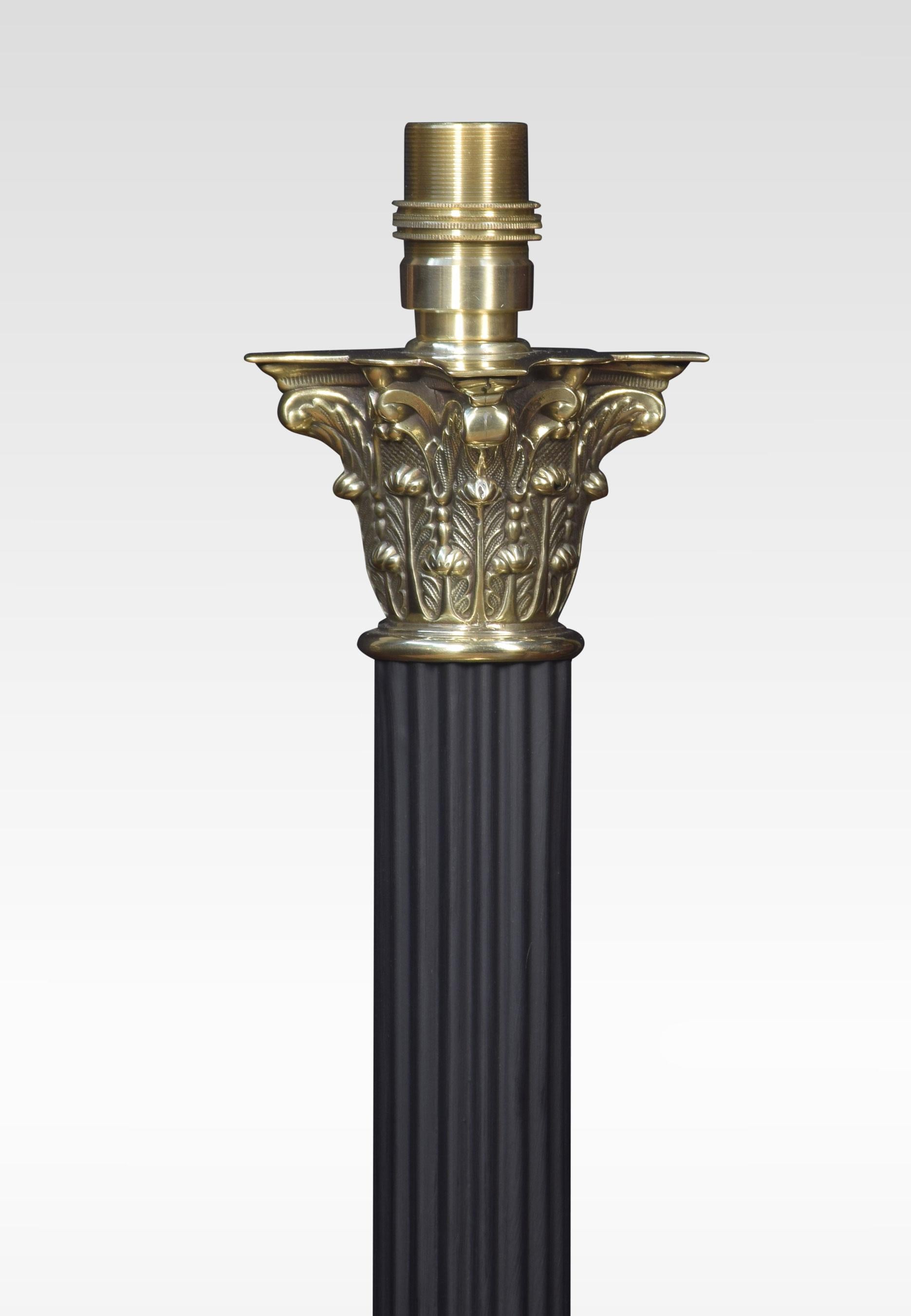 Brass table lamp, having a Corinthian column on a stepped square base. The lamp has been rewired.
Dimensions:
Height 19 inches
Width 7 inches
Depth 7 inches.