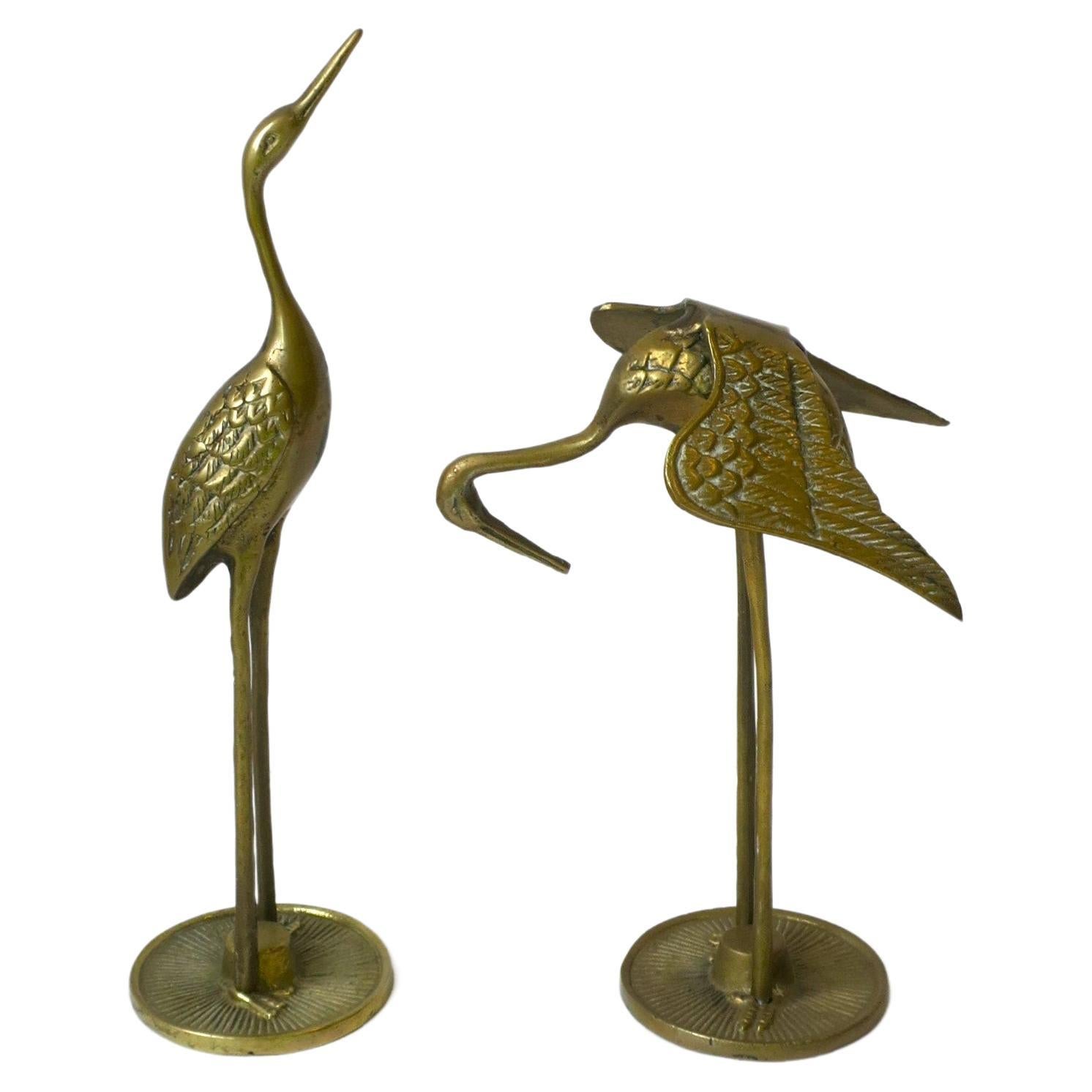 Brass Crane Birds, Pair, ca. 1970s