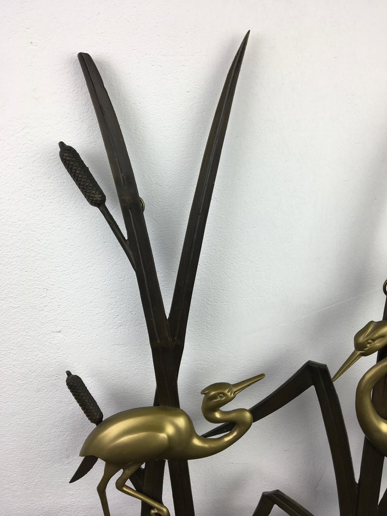 Mid-Century Modern Brass Crane Birds Wall Sculpture, 1960s For Sale