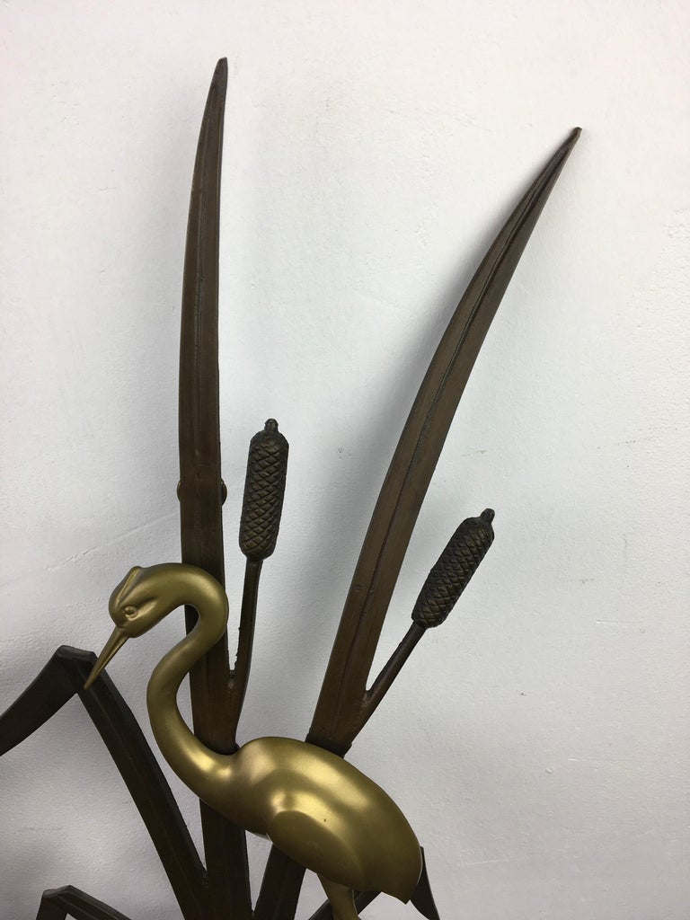 European Brass Crane Birds Wall Sculpture, 1960s For Sale