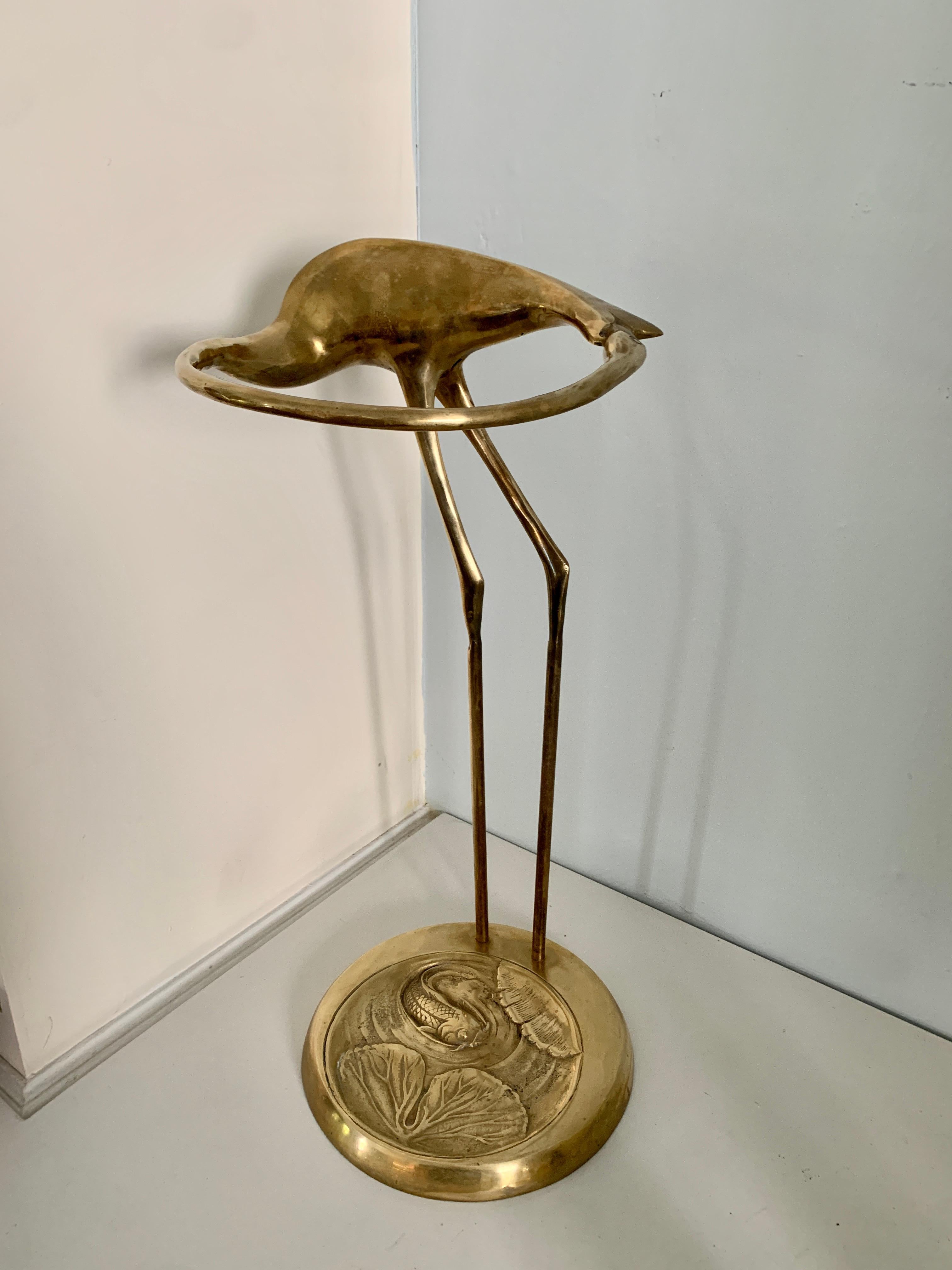 Mid-Century Modern Brass Crane Umbrella Stand with Repousse Fish Base For Sale