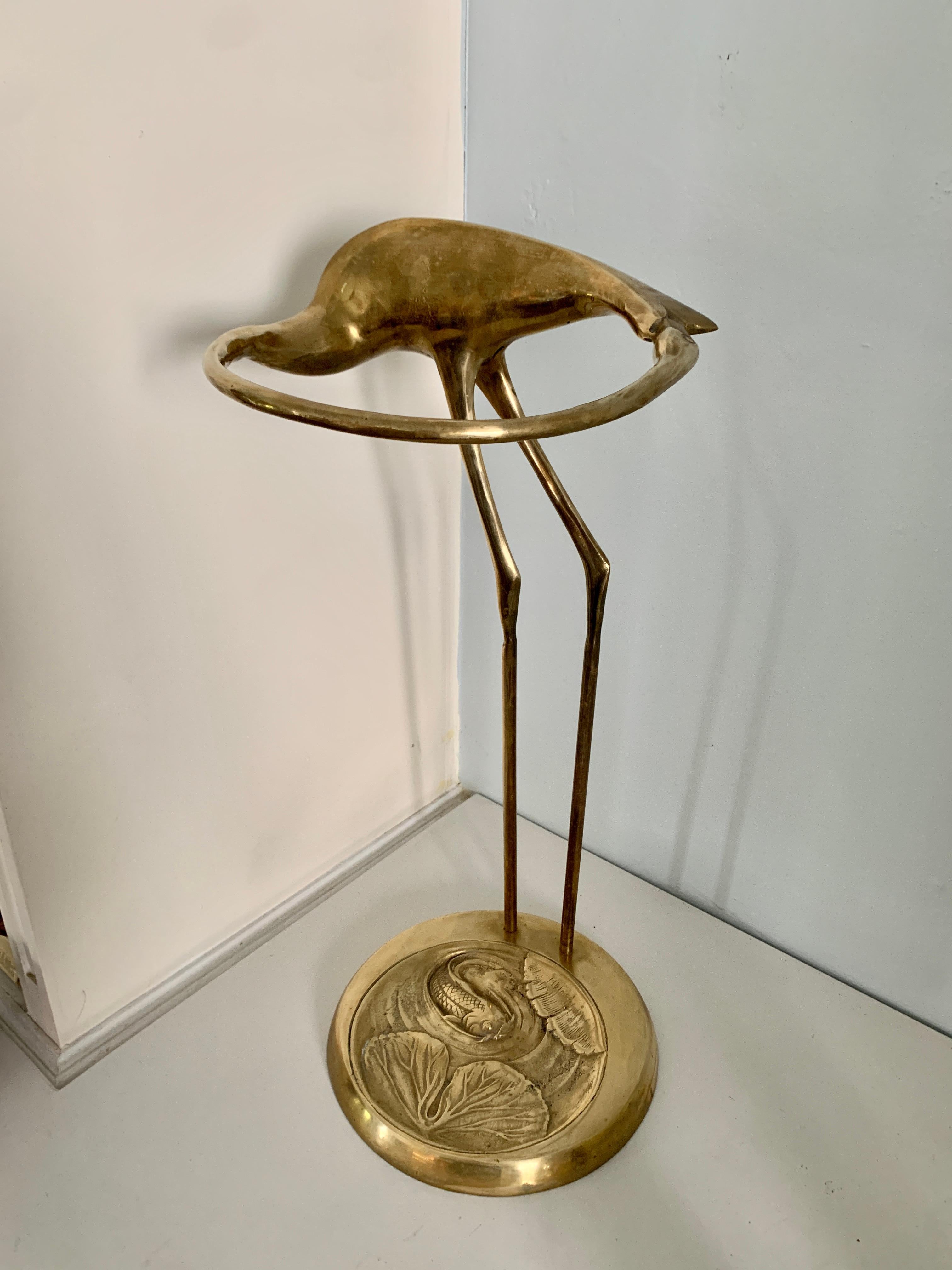 Hand-Crafted Brass Crane Umbrella Stand with Repousse Fish Base For Sale