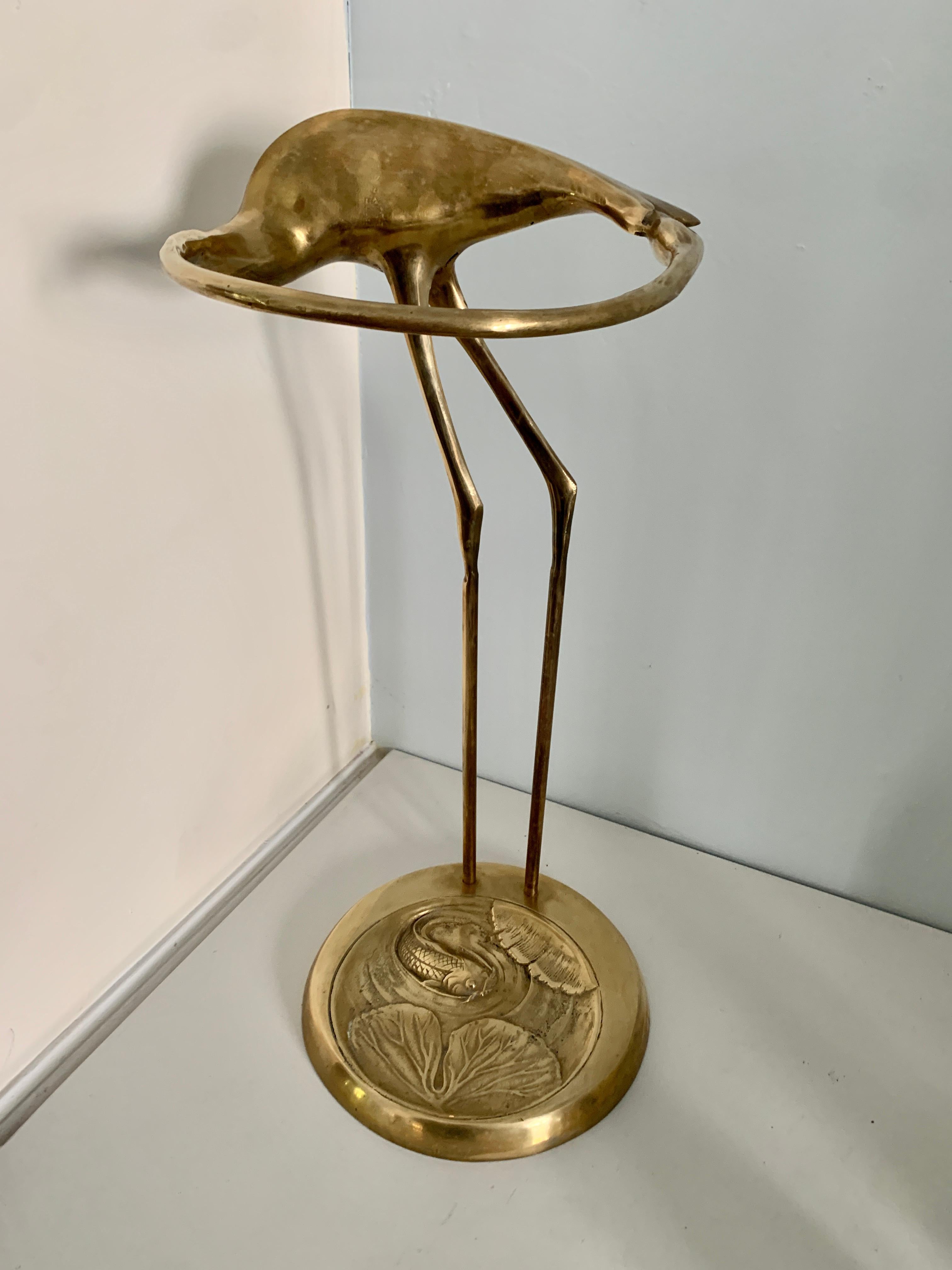 Brass Crane Umbrella Stand with Repousse Fish Base In Good Condition For Sale In Los Angeles, CA