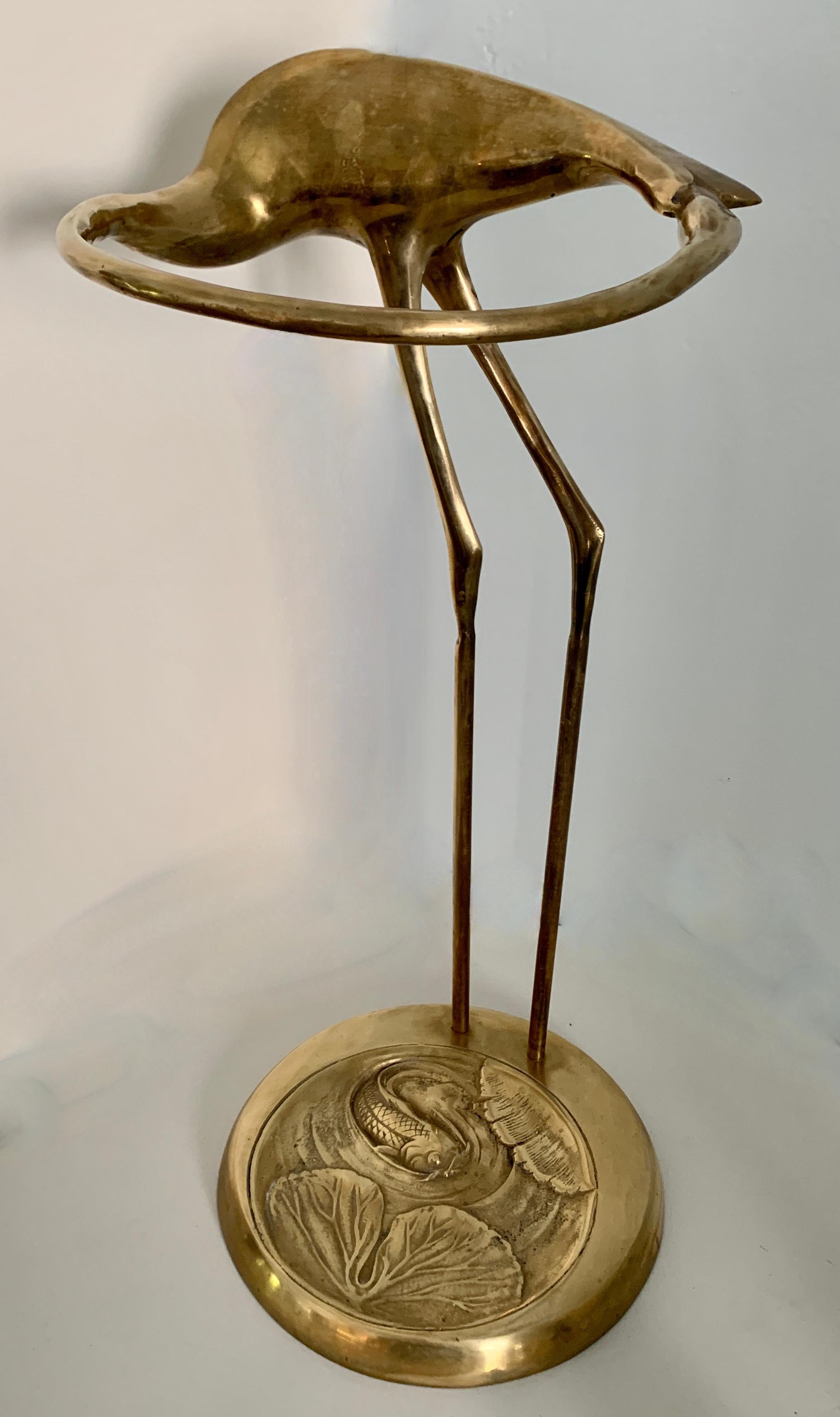20th Century Brass Crane Umbrella Stand with Repousse Fish Base For Sale
