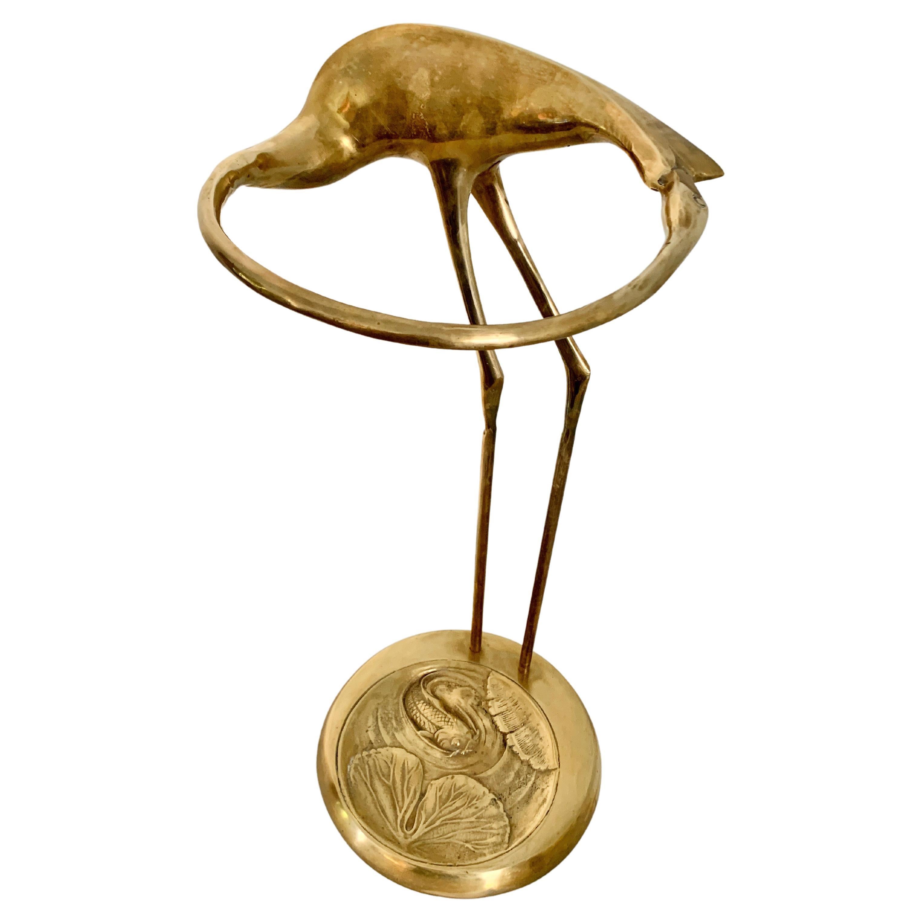 Brass Crane Umbrella Stand with Repousse Fish Base For Sale