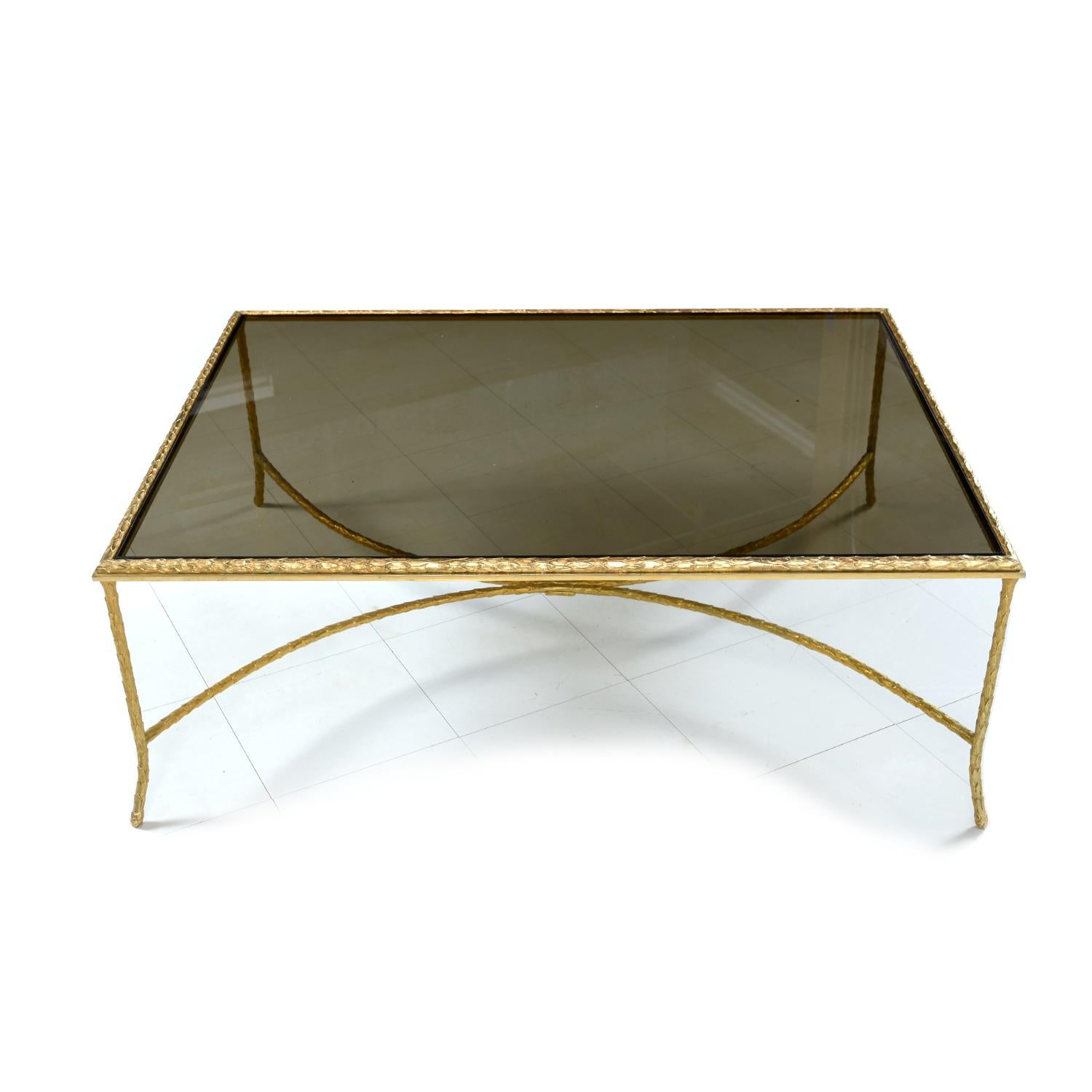 American French Deco Gilt Twist Arch Base Gold Laurel Leaf Coffee Table