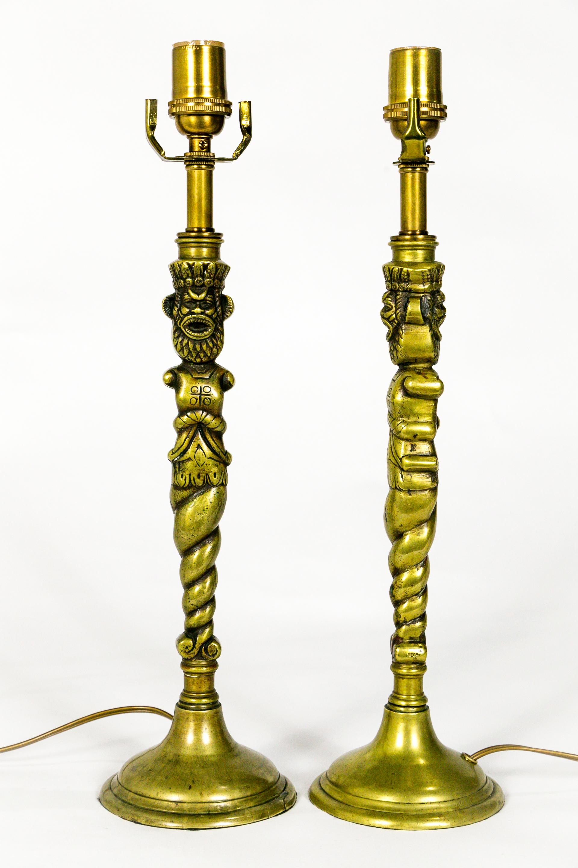 Whimsical, TOTEM style, brass candlestick lamps with bearded, crowned male detail. Handmade, America, 1920s. Measures: 17.5