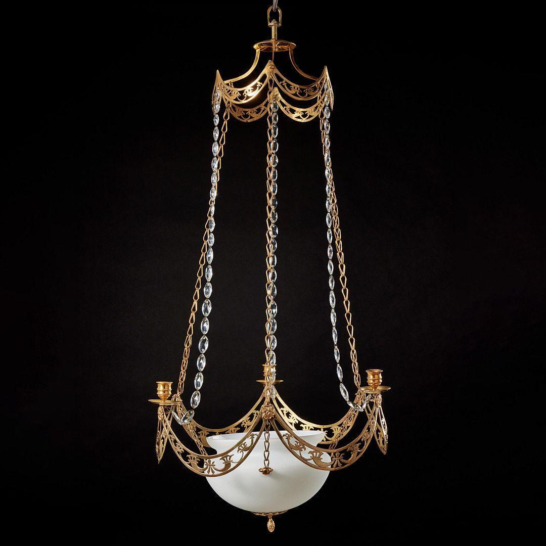 Neoclassico Lampadario a candela in ottone, cristallo e vetro Flussglas bianco, Werner & Mieth in vendita