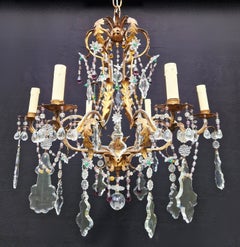 Brass Crystal Chandelier Antique Ceiling Art Nouveau Gold Glass Green Purple