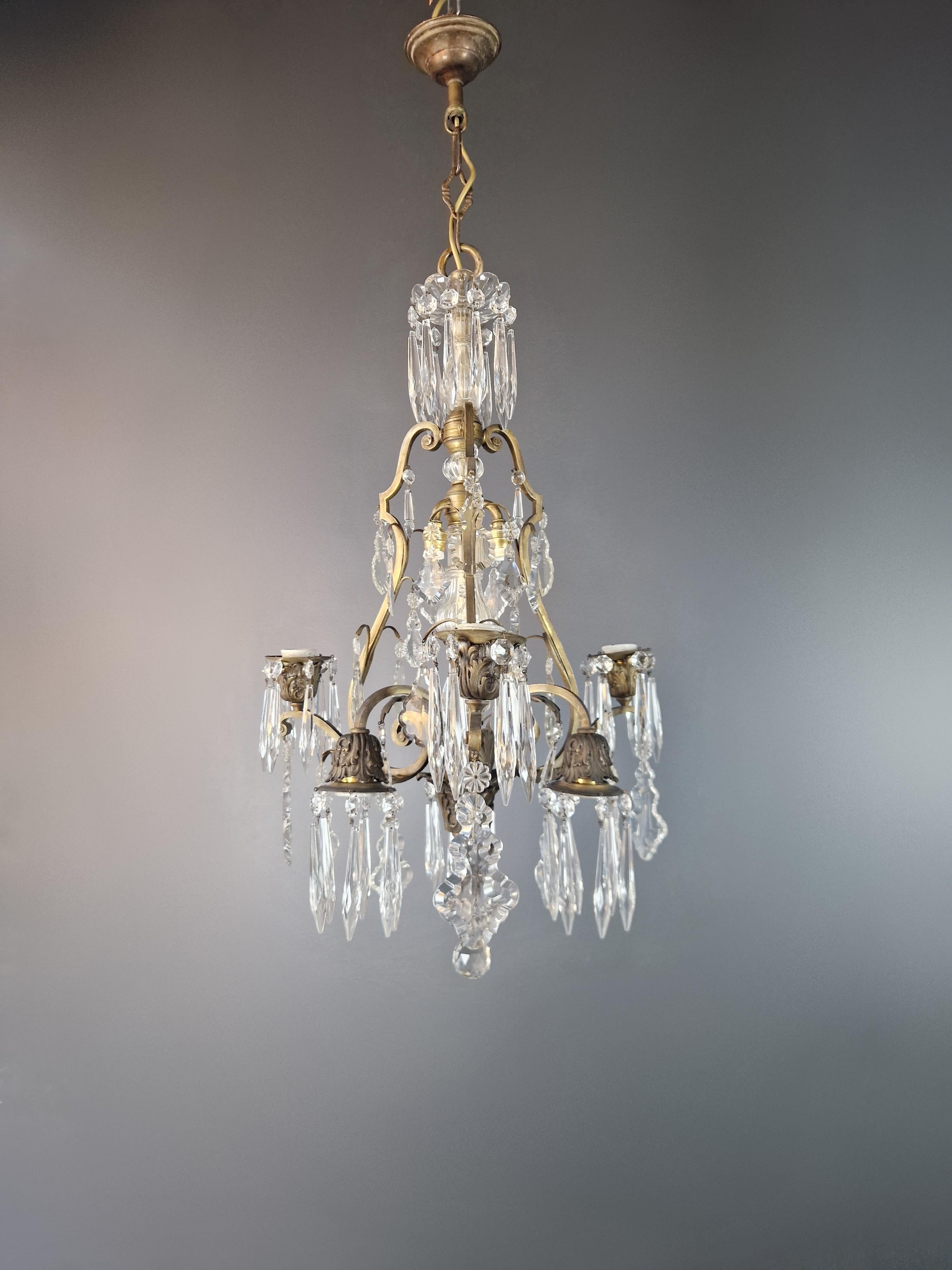 Brass Crystal Chandelier Antique Ceiling Lamp Lustre Art Nouveau and Art Deco For Sale 4