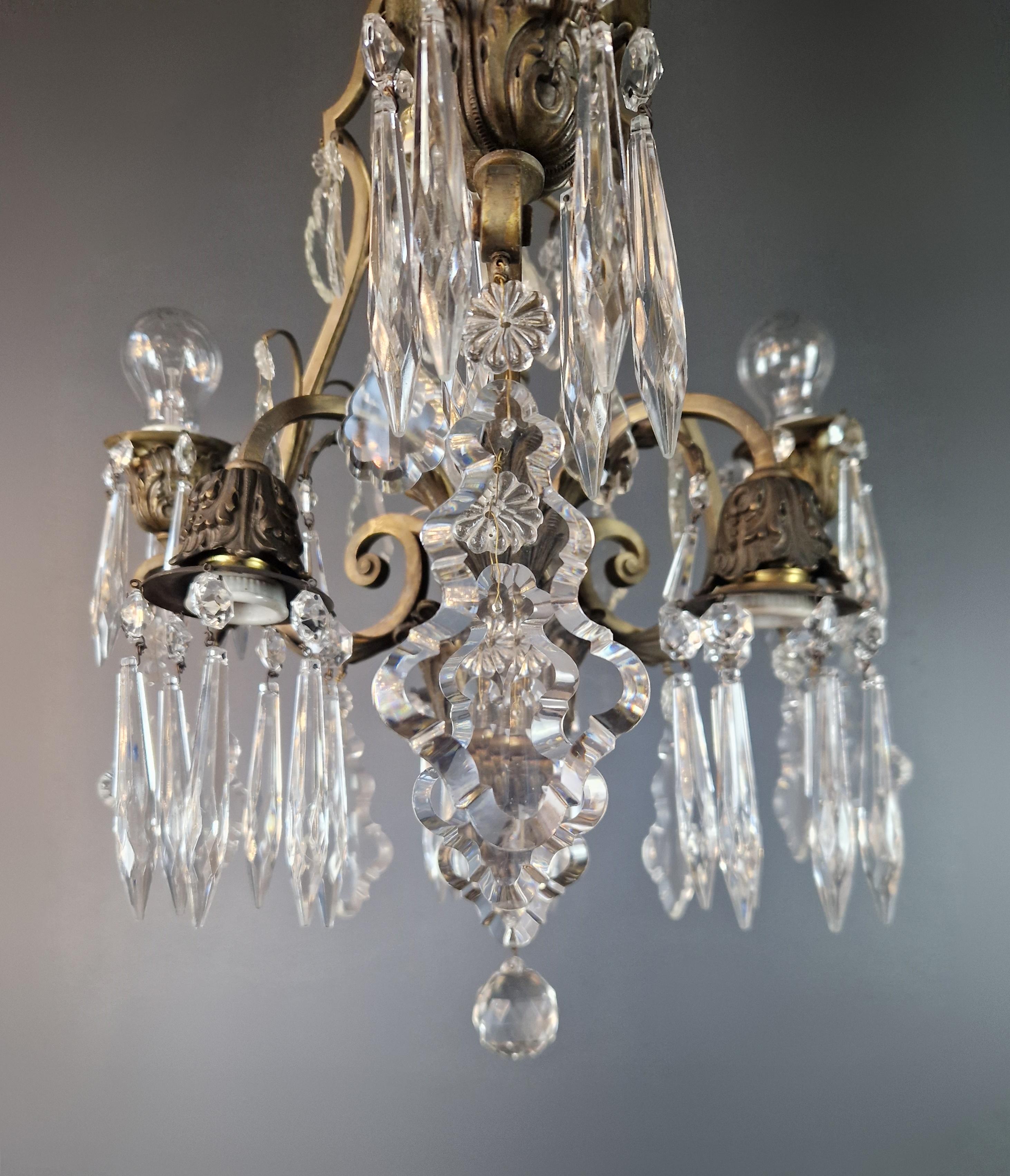 European Brass Crystal Chandelier Antique Ceiling Lamp Lustre Art Nouveau and Art Deco For Sale
