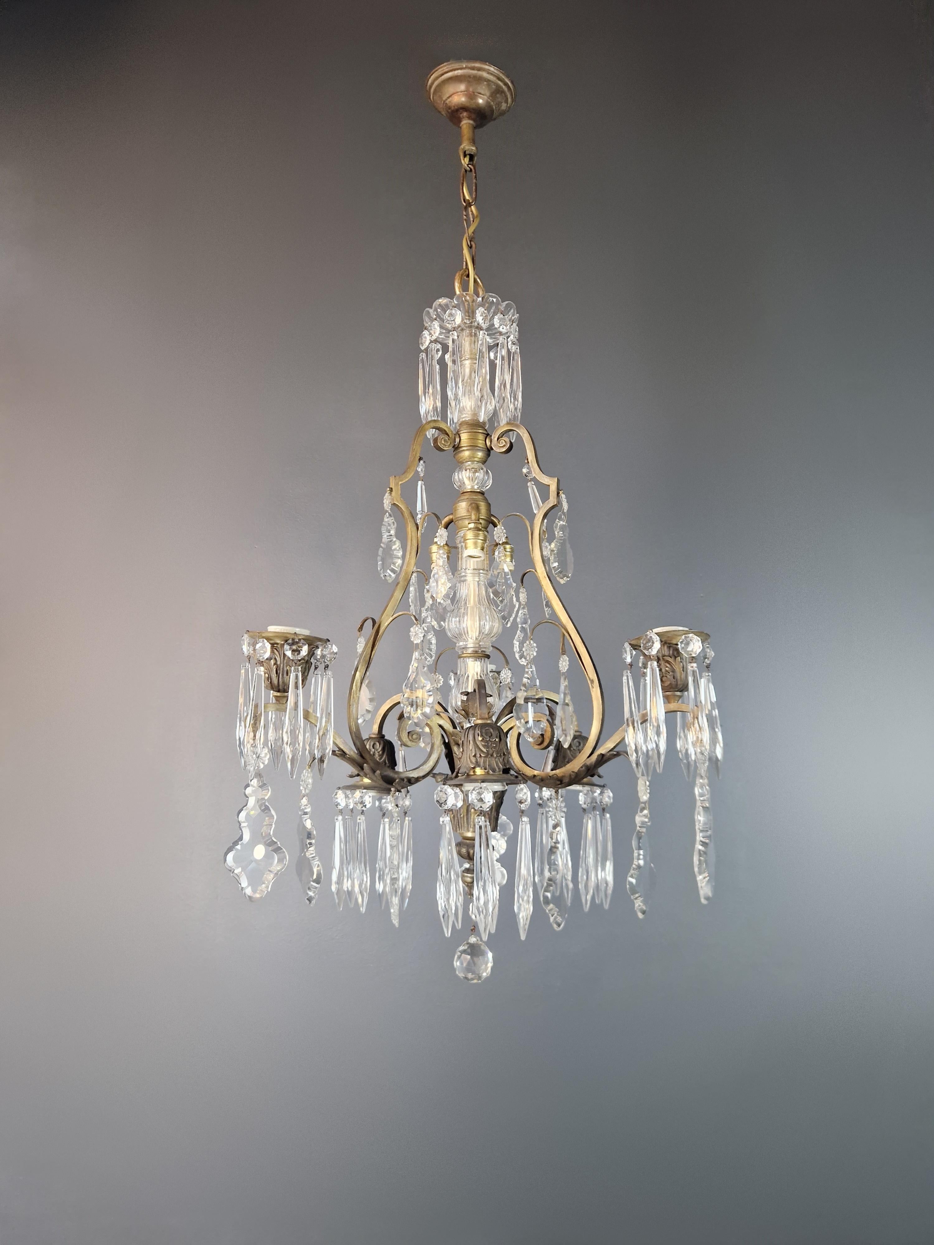 Brass Crystal Chandelier Antique Ceiling Lamp Lustre Art Nouveau and Art Deco In Good Condition For Sale In Berlin, DE