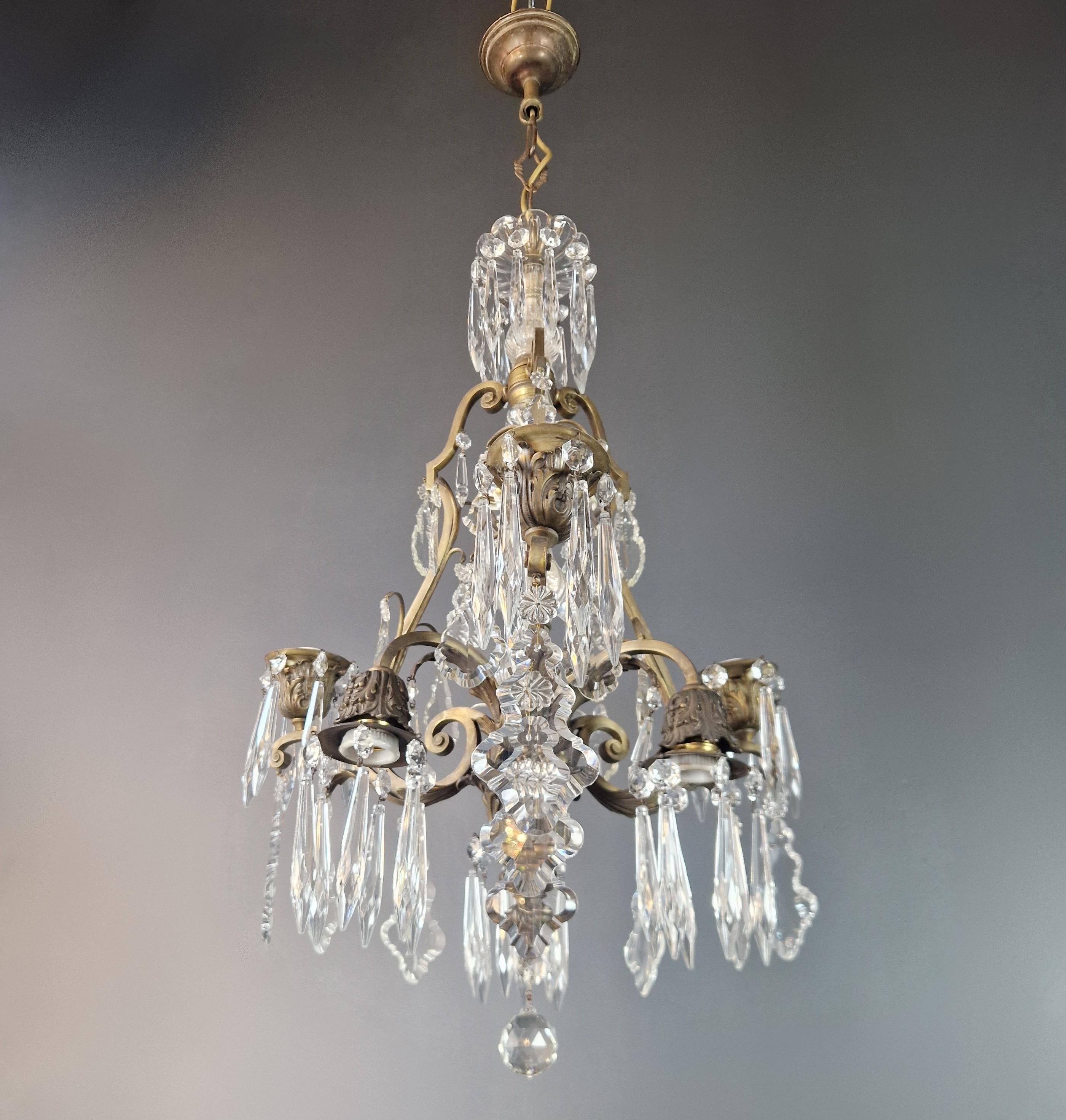 19th Century Brass Crystal Chandelier Antique Ceiling Lamp Lustre Art Nouveau and Art Deco For Sale
