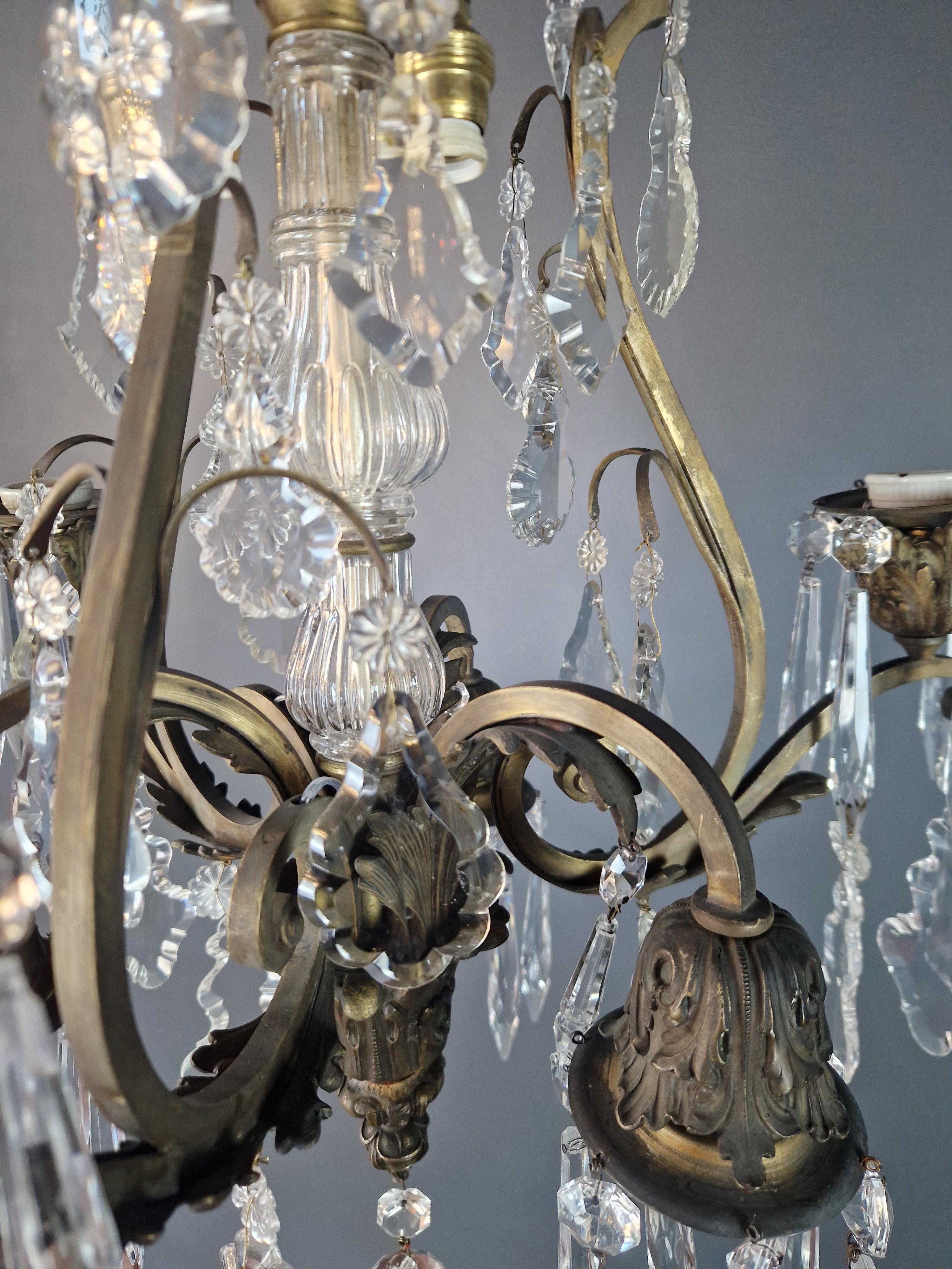 Brass Crystal Chandelier Antique Ceiling Lamp Lustre Art Nouveau and Art Deco For Sale 1