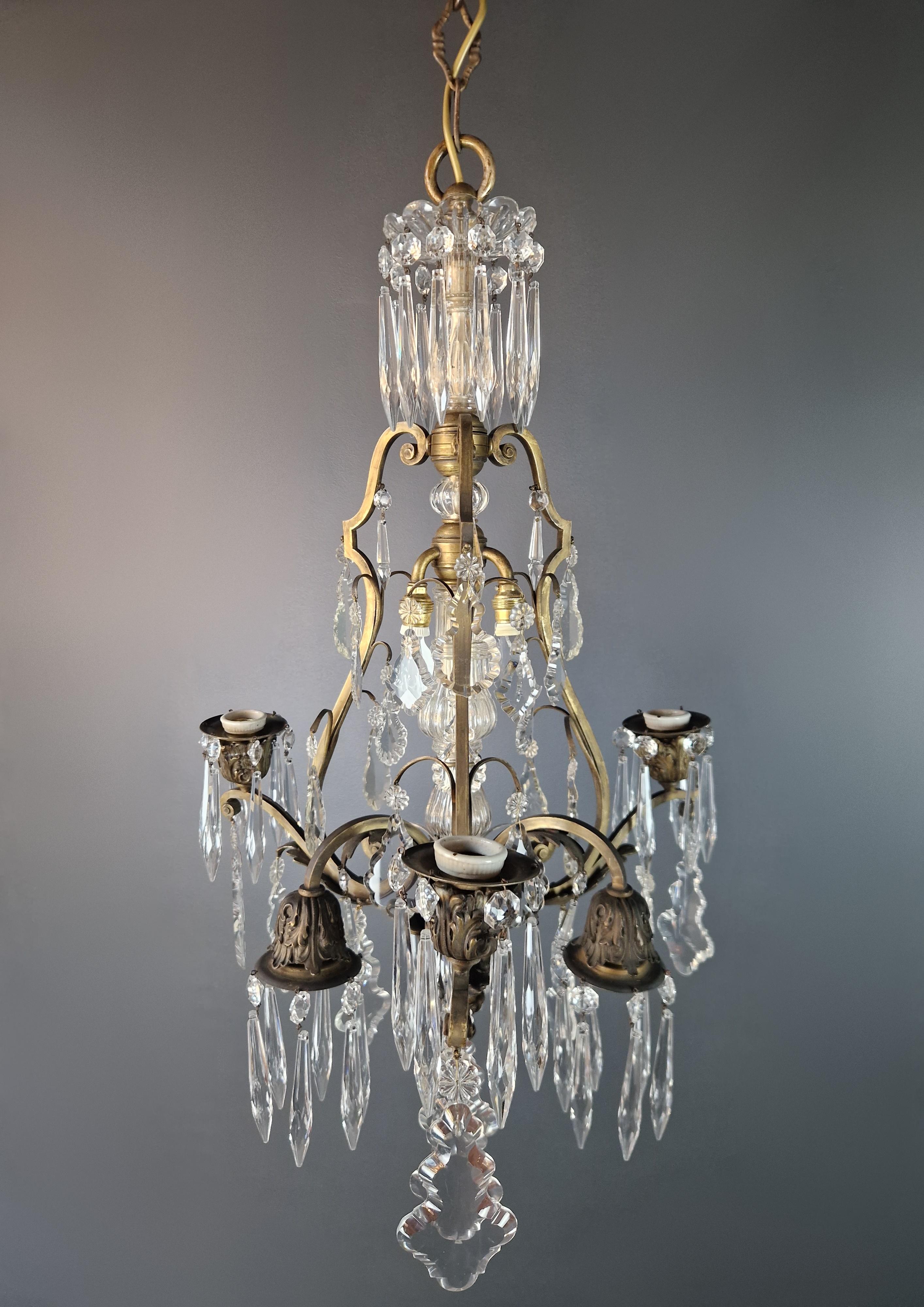 Brass Crystal Chandelier Antique Ceiling Lamp Lustre Art Nouveau and Art Deco For Sale 2