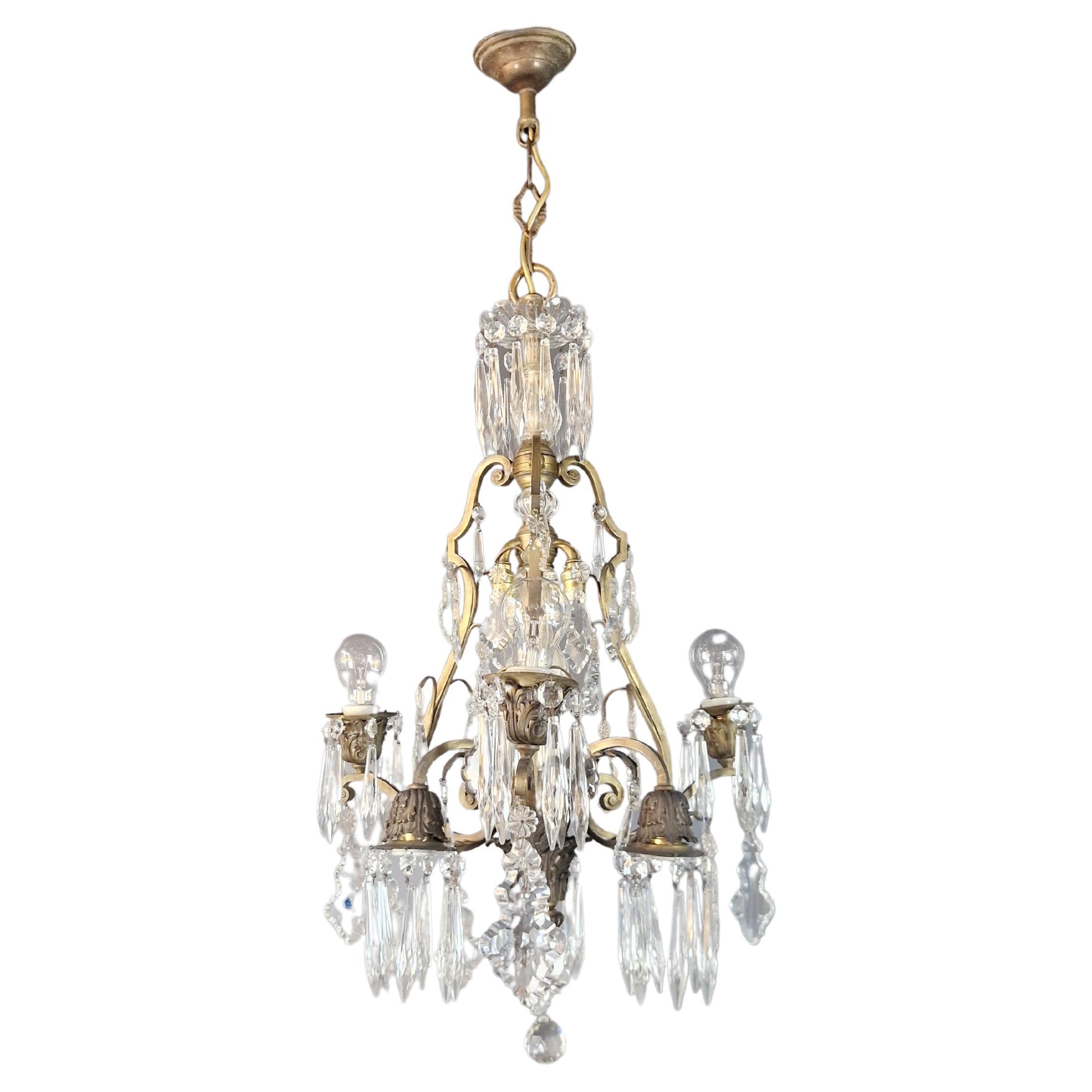 Brass Crystal Chandelier Antique Ceiling Lamp Lustre Art Nouveau and Art Deco For Sale