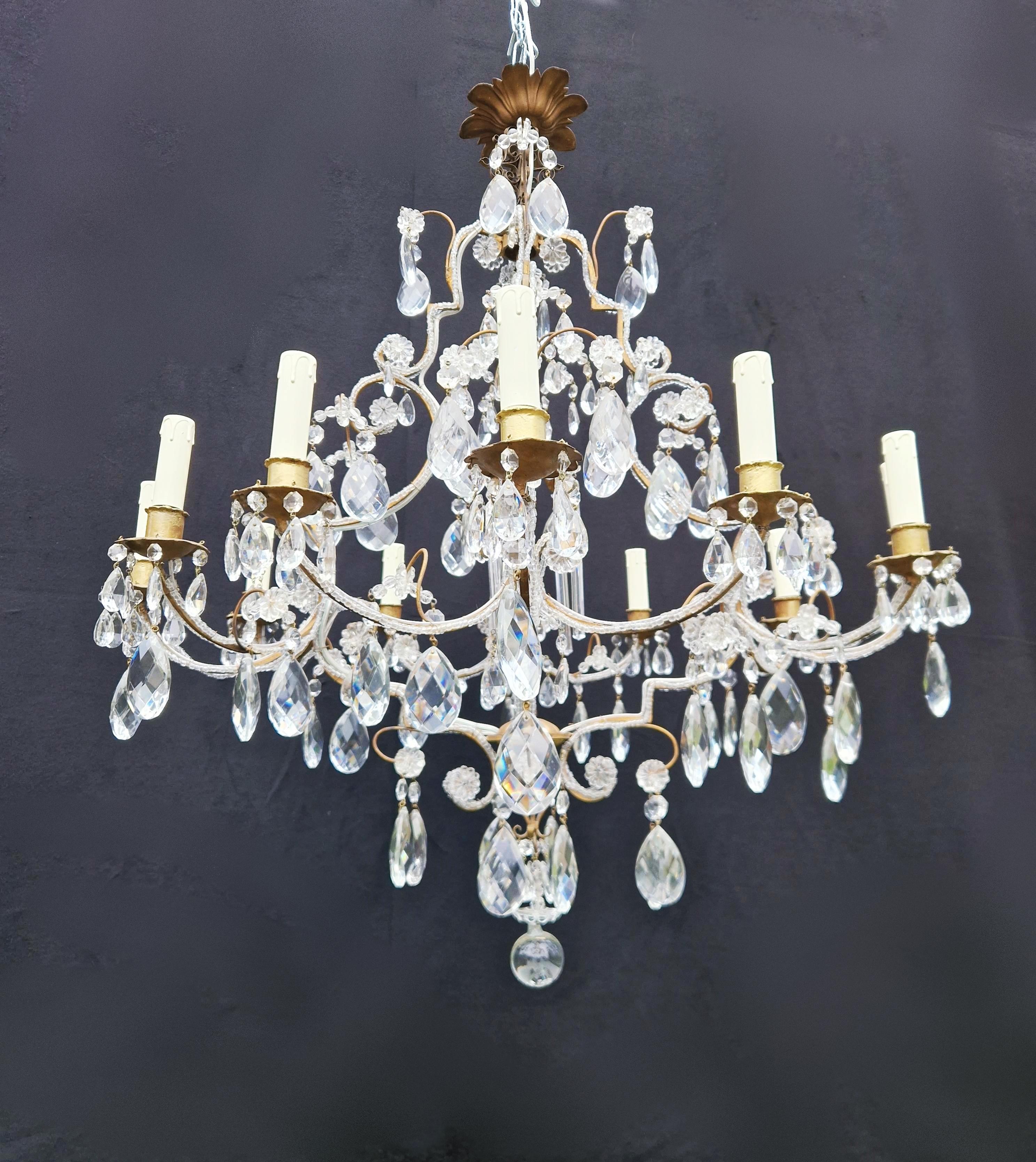 Hand-Knotted Brass Crystal Chandelier Antique Ceiling Lamp Lustre Art Nouveau Gold