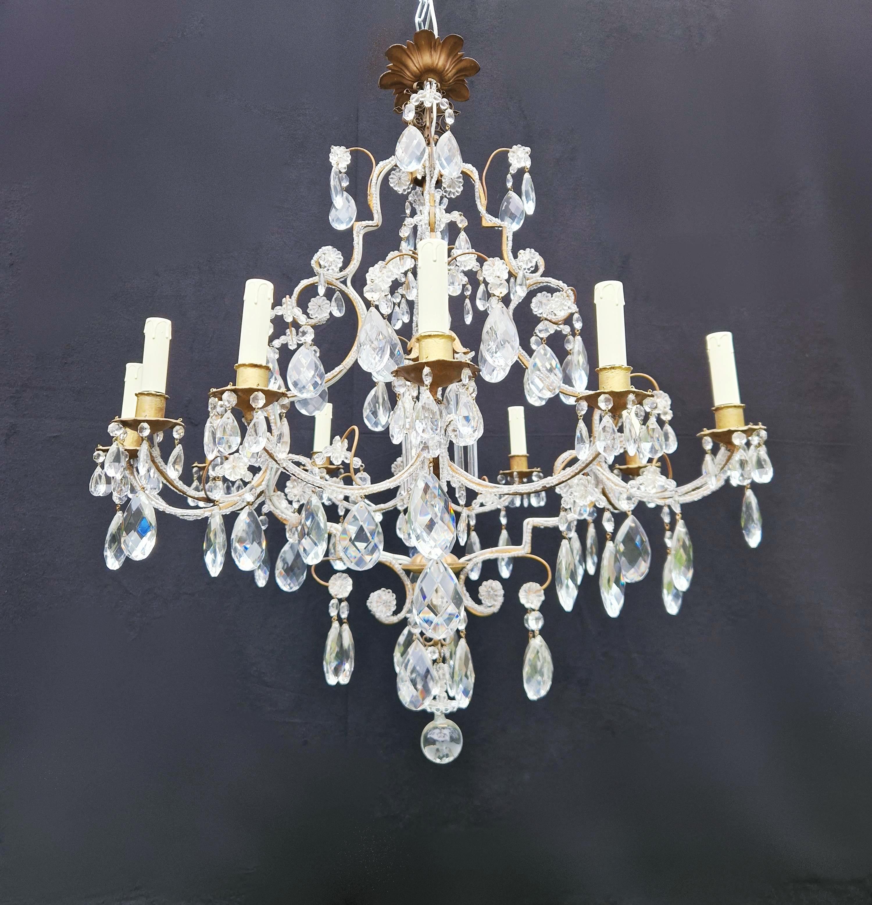 Brass Crystal Chandelier Antique Ceiling Lamp Lustre Art Nouveau Gold In Good Condition In Berlin, DE