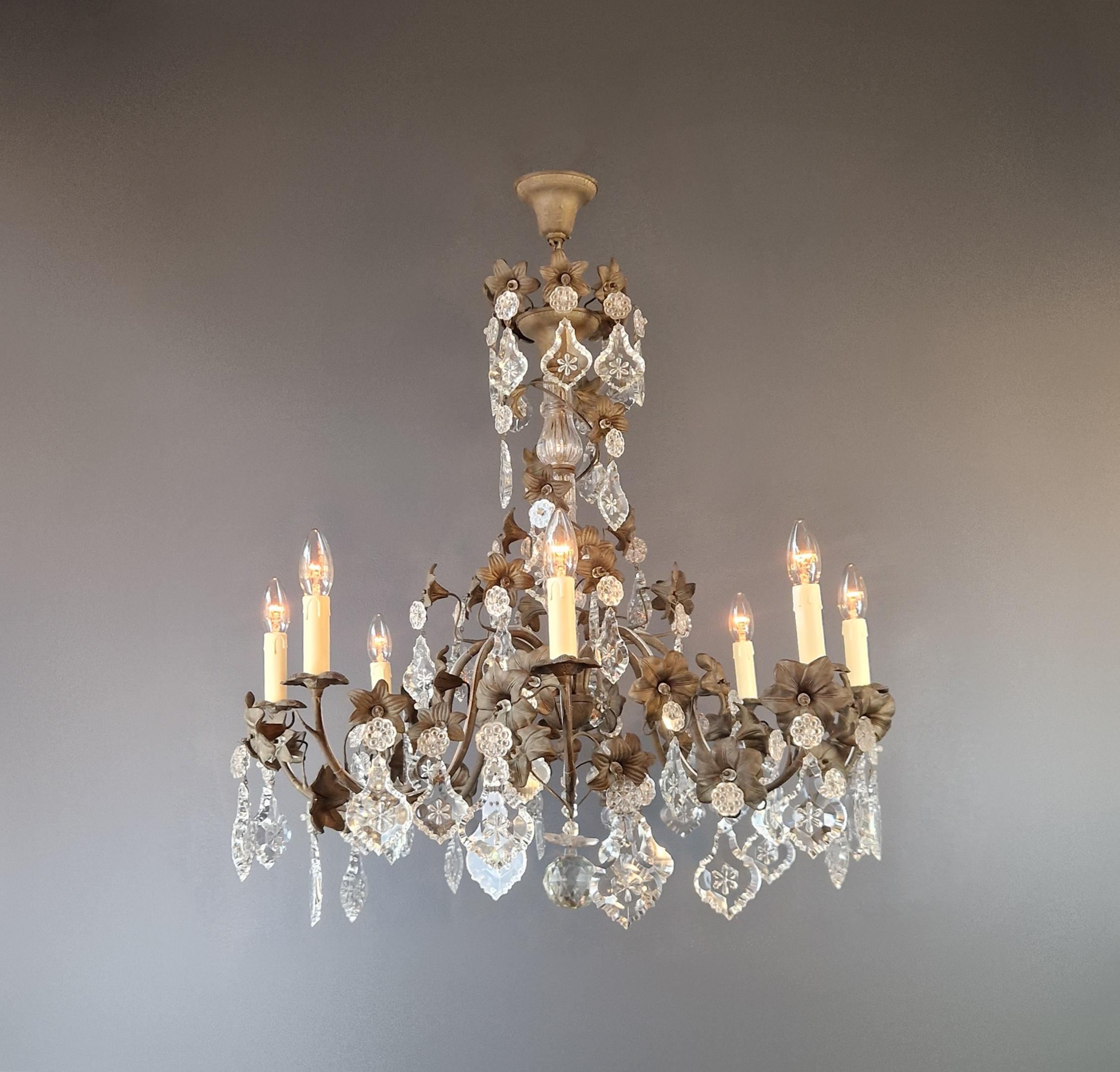 Italian Brass Crystal Chandelier Antique Ceiling Lamp Lustre Art Nouveau Lamp  For Sale