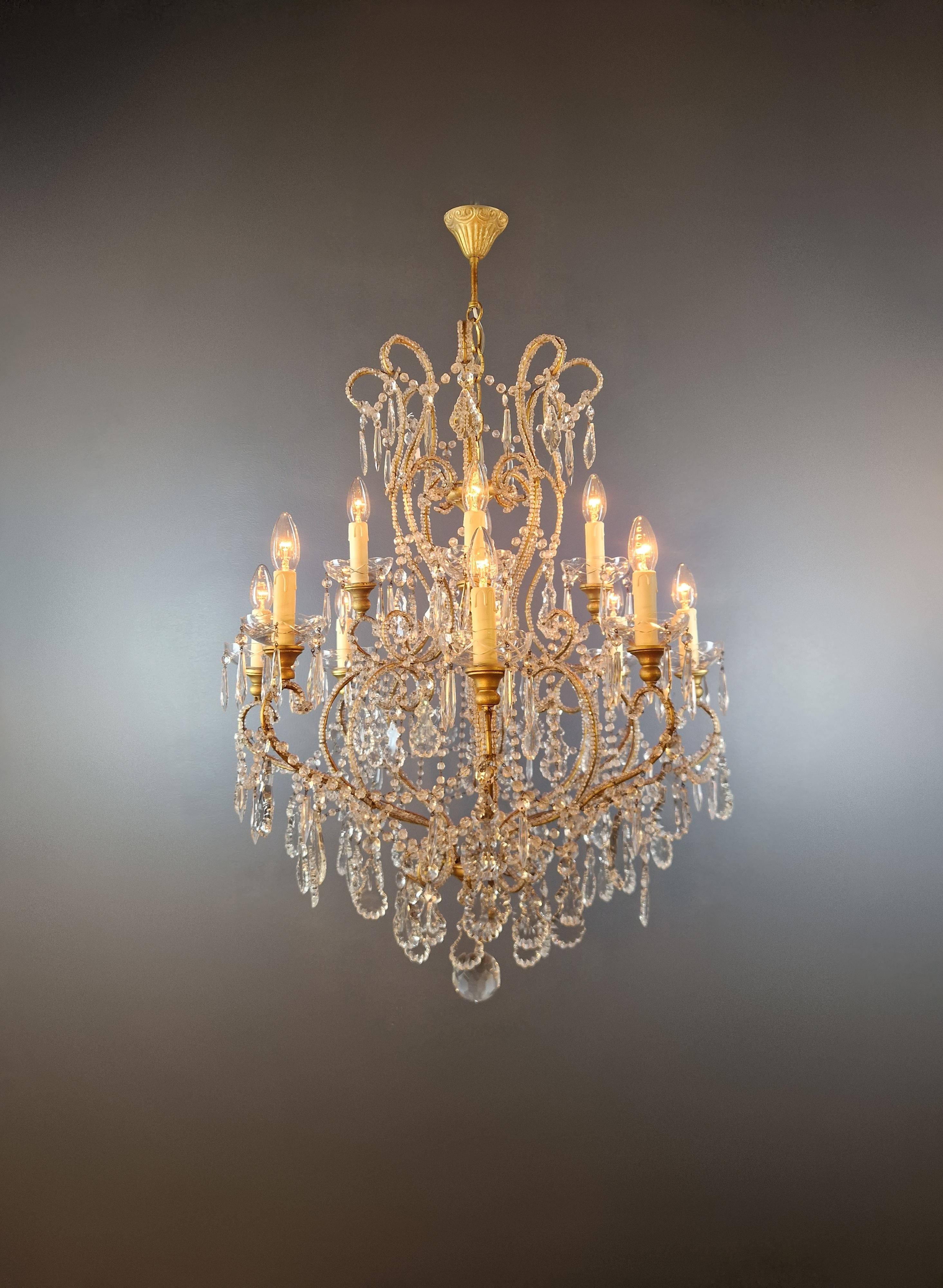 Italian Brass Crystal Chandelier Antique Ceiling Lamp Lustre Art Nouveau Lamp For Sale