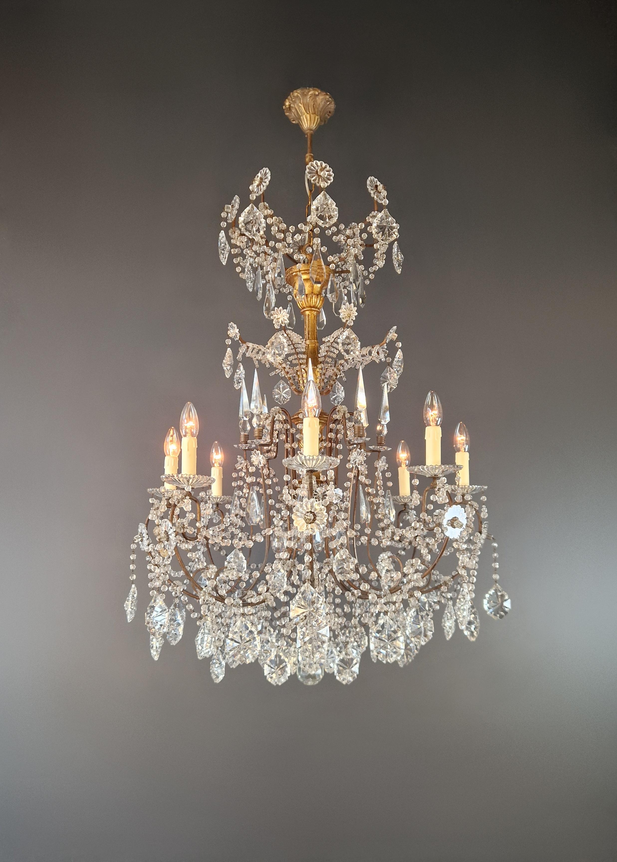Italian Brass Crystal Chandelier Antique Ceiling Lamp Lustre Art Nouveau Lamp For Sale