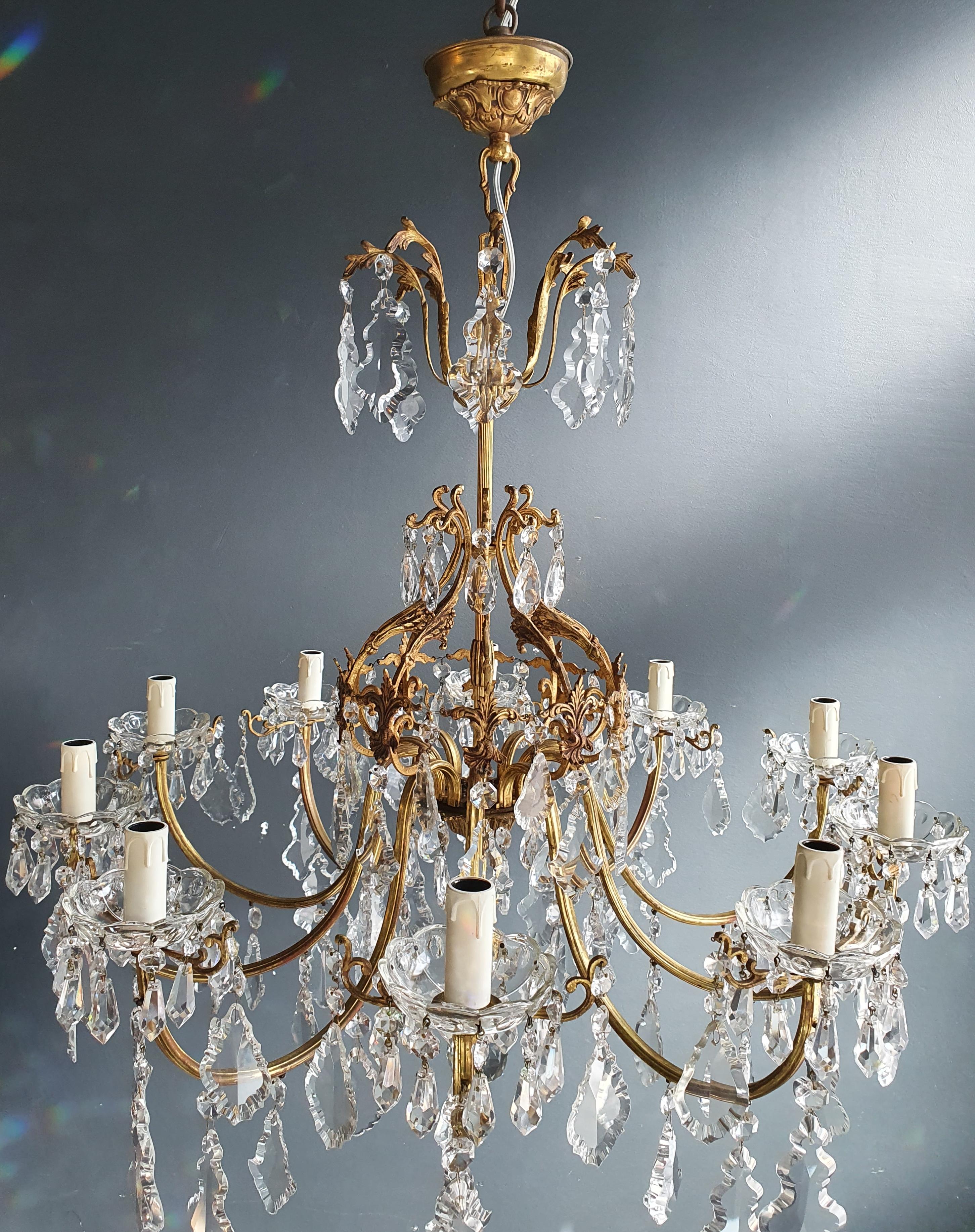 Brass Crystal Chandelier Antique Ceiling Lamp Lustre Art Nouveau Lamp In Good Condition In Berlin, DE