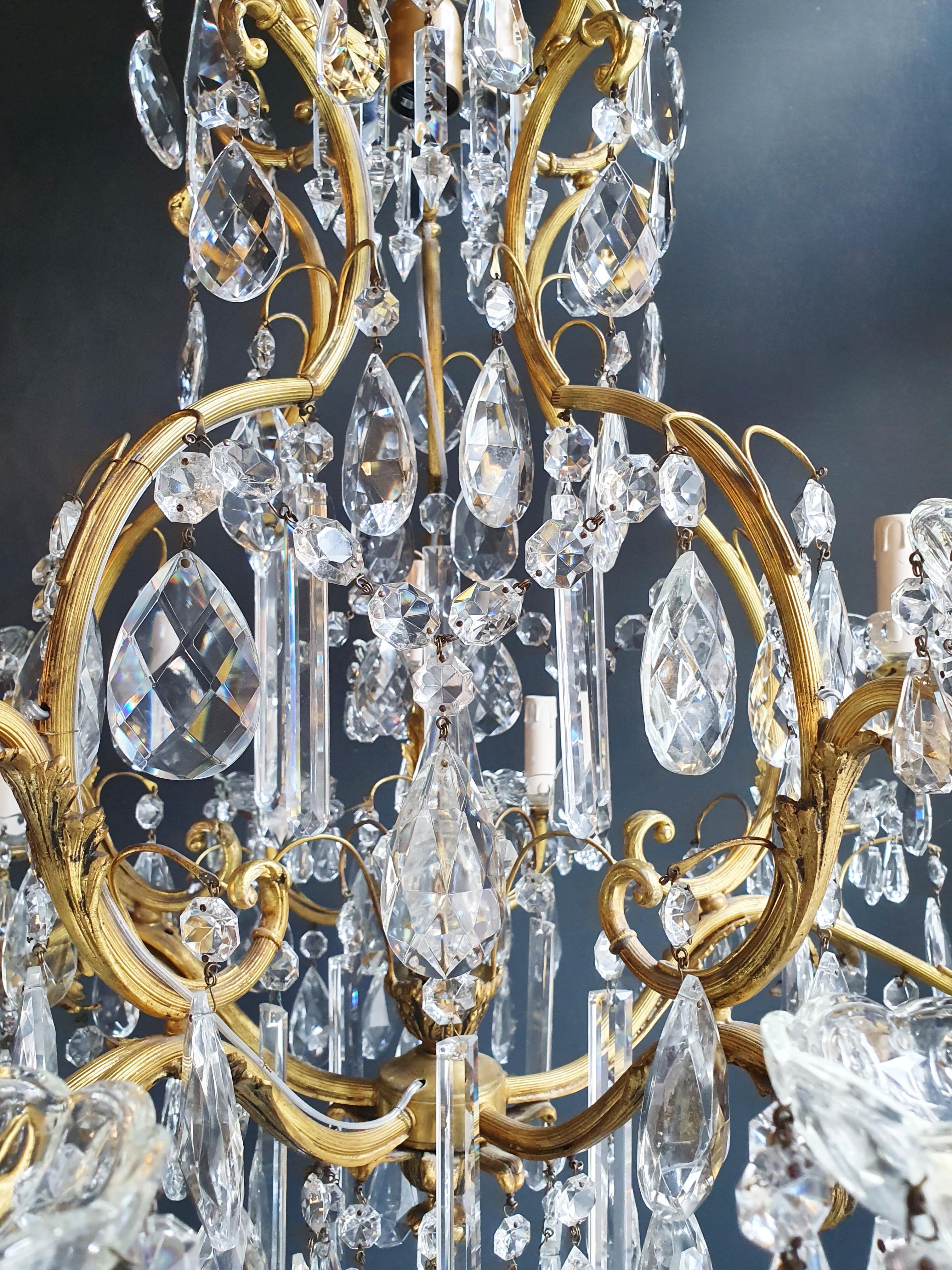 Brass Crystal Chandelier Antique Ceiling Lamp Lustre Art Nouveau Lamp In Good Condition For Sale In Berlin, DE