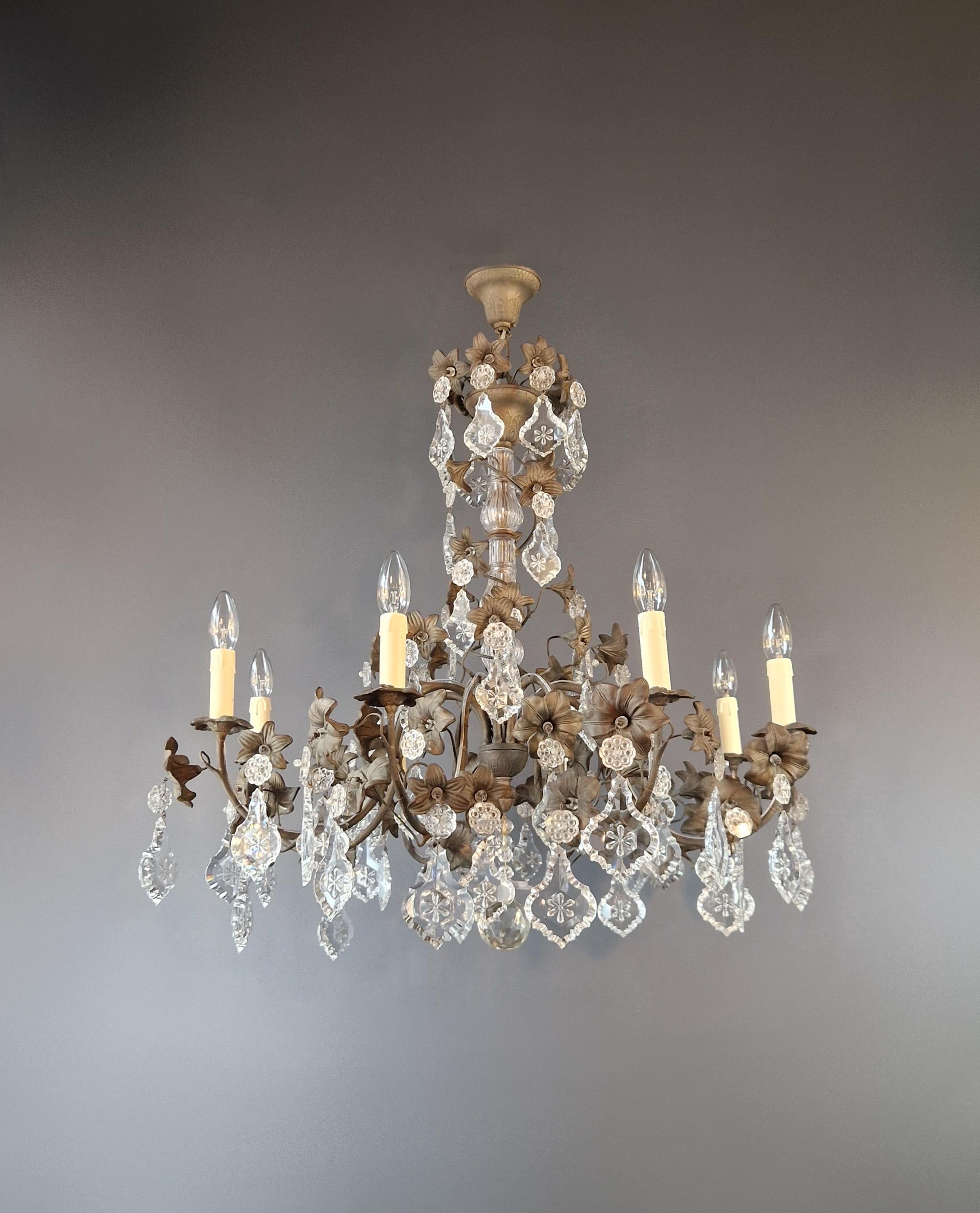 Brass Crystal Chandelier Antique Ceiling Lamp Lustre Art Nouveau Lamp  In Good Condition For Sale In Berlin, DE