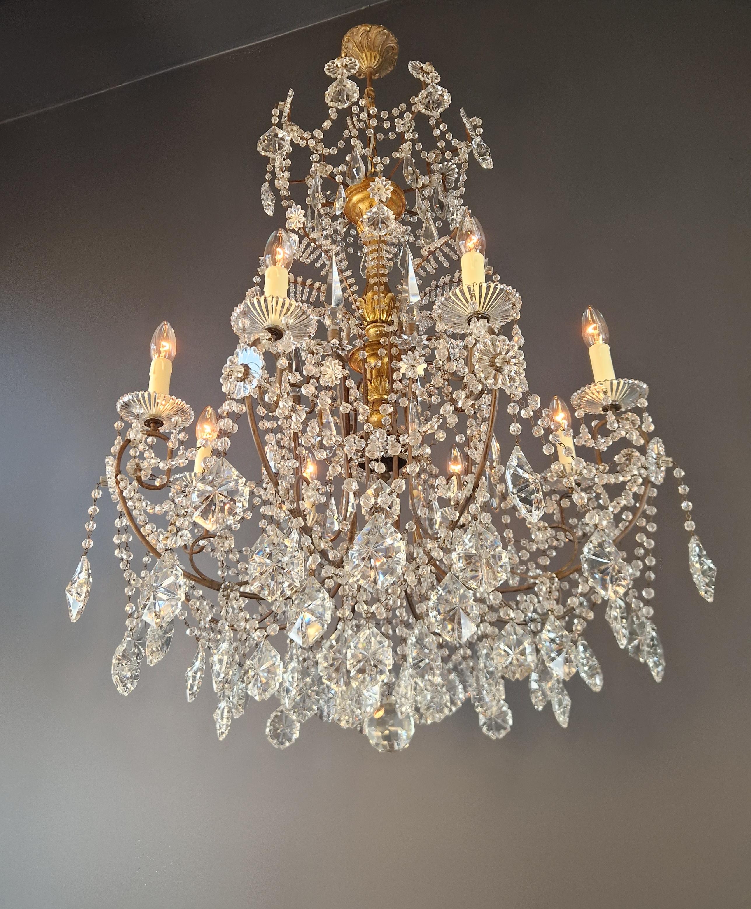 Brass Crystal Chandelier Antique Ceiling Lamp Lustre Art Nouveau Lamp In Good Condition For Sale In Berlin, DE