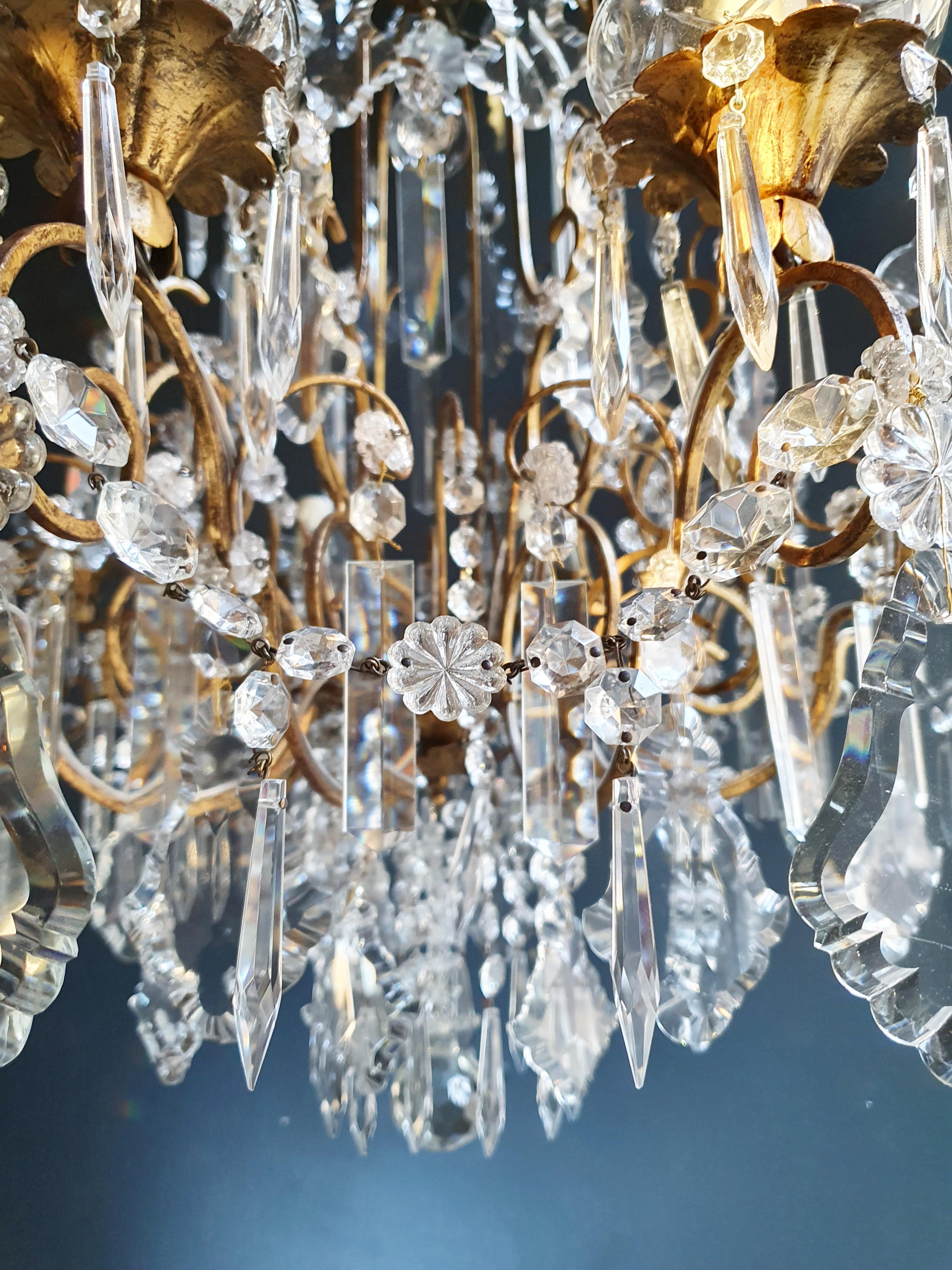 Brass Crystal Chandelier Antique Ceiling Lamp Lustre Art Nouveau Lamp In Good Condition For Sale In Berlin, DE