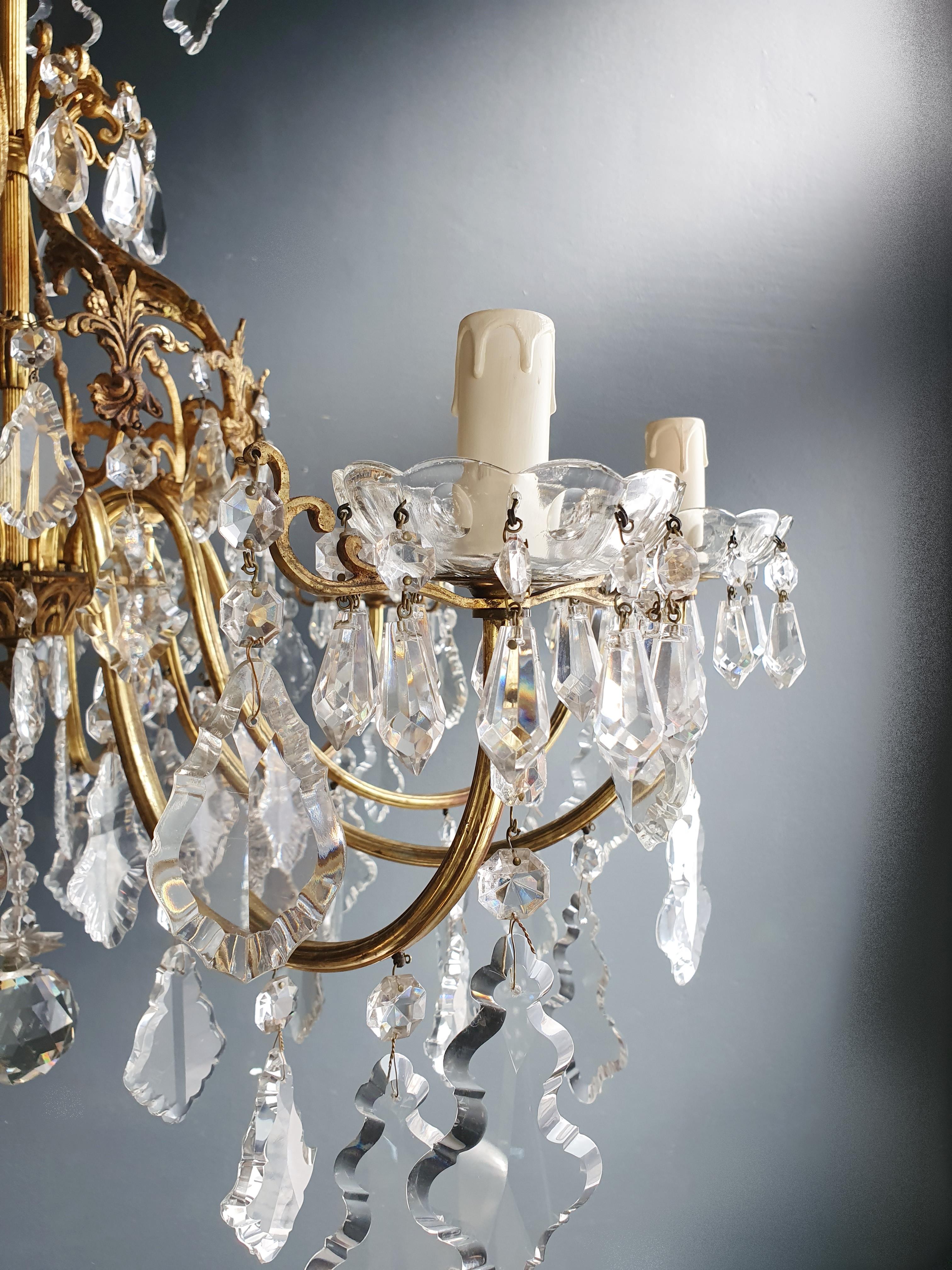 Mid-20th Century Brass Crystal Chandelier Antique Ceiling Lamp Lustre Art Nouveau Lamp