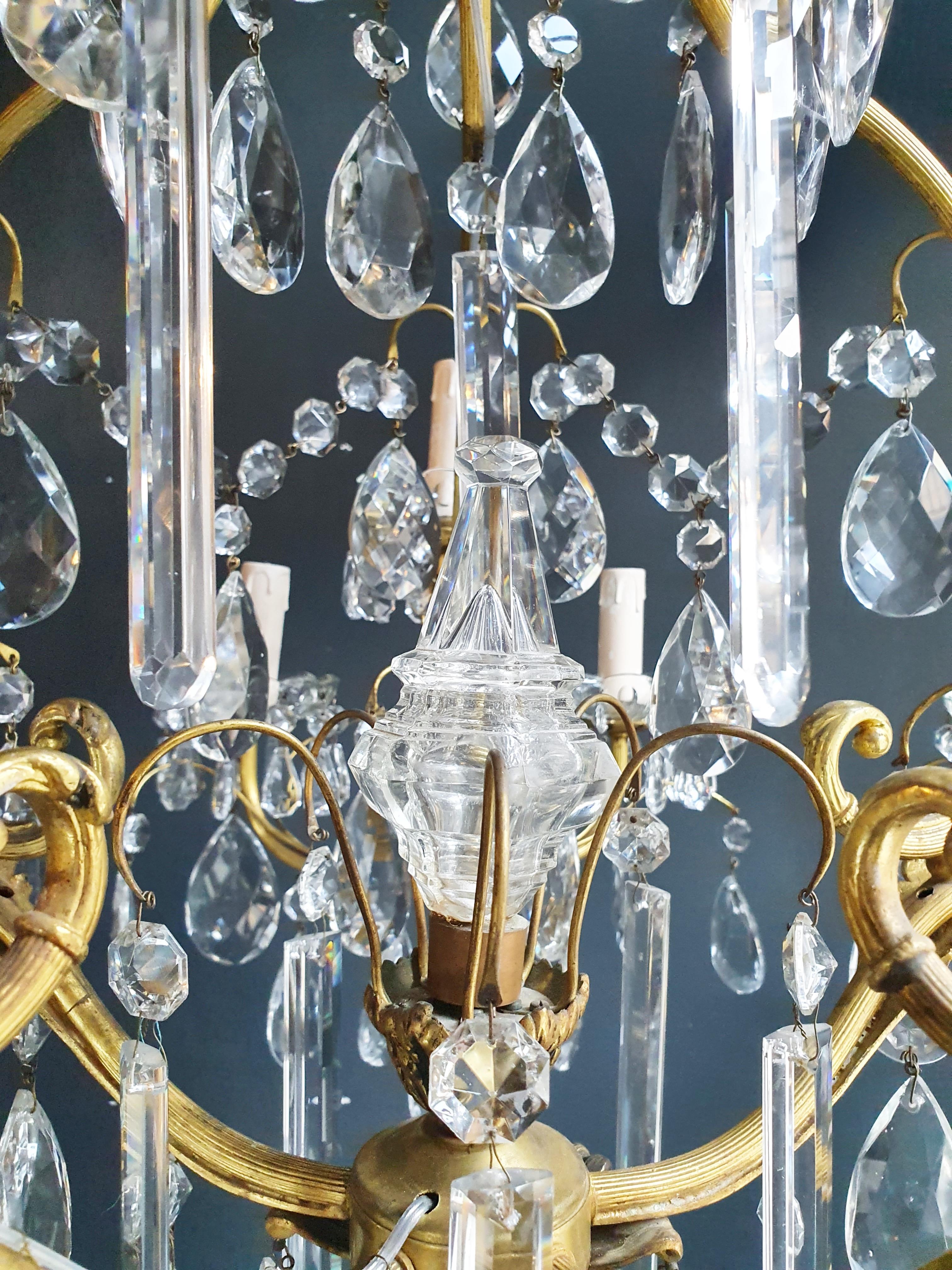 Mid-20th Century Brass Crystal Chandelier Antique Ceiling Lamp Lustre Art Nouveau Lamp For Sale