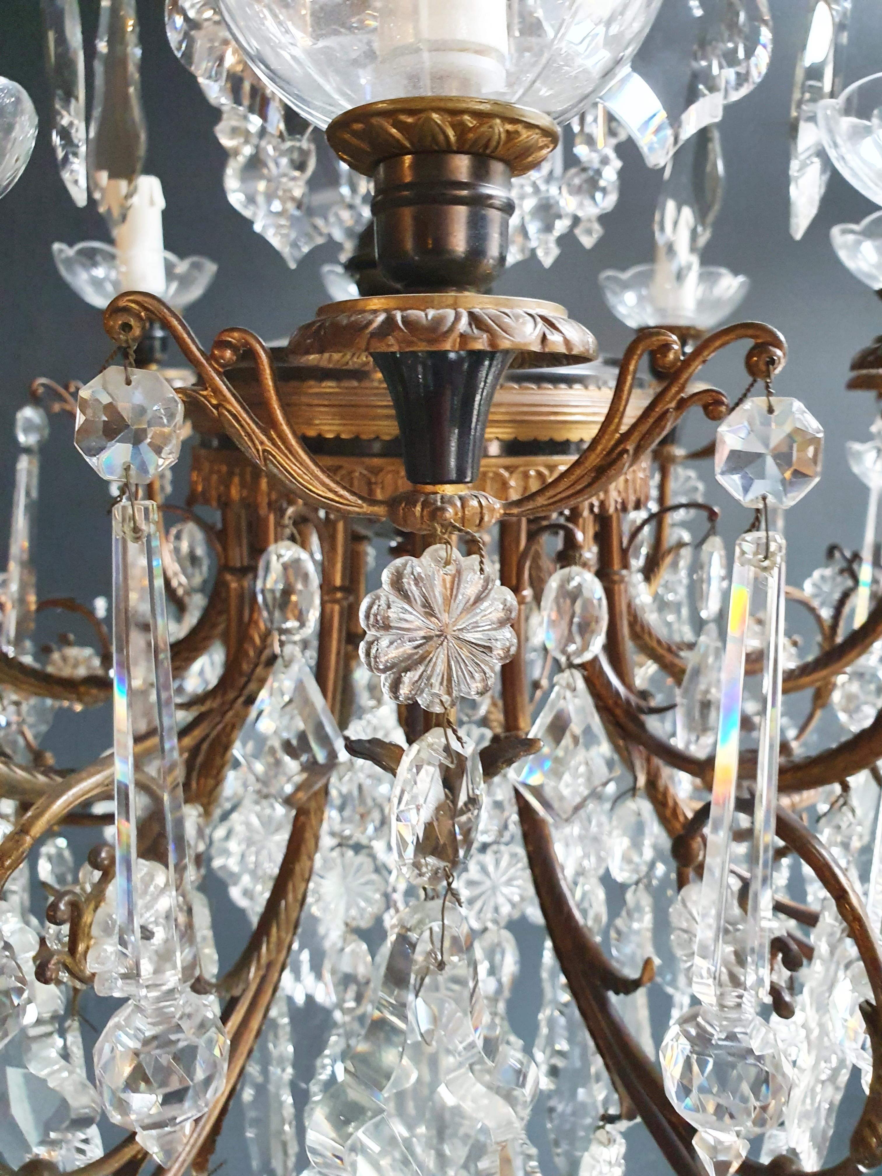 Early 20th Century Brass Crystal Chandelier Antique Ceiling Lamp Lustre Art Nouveau Lamp