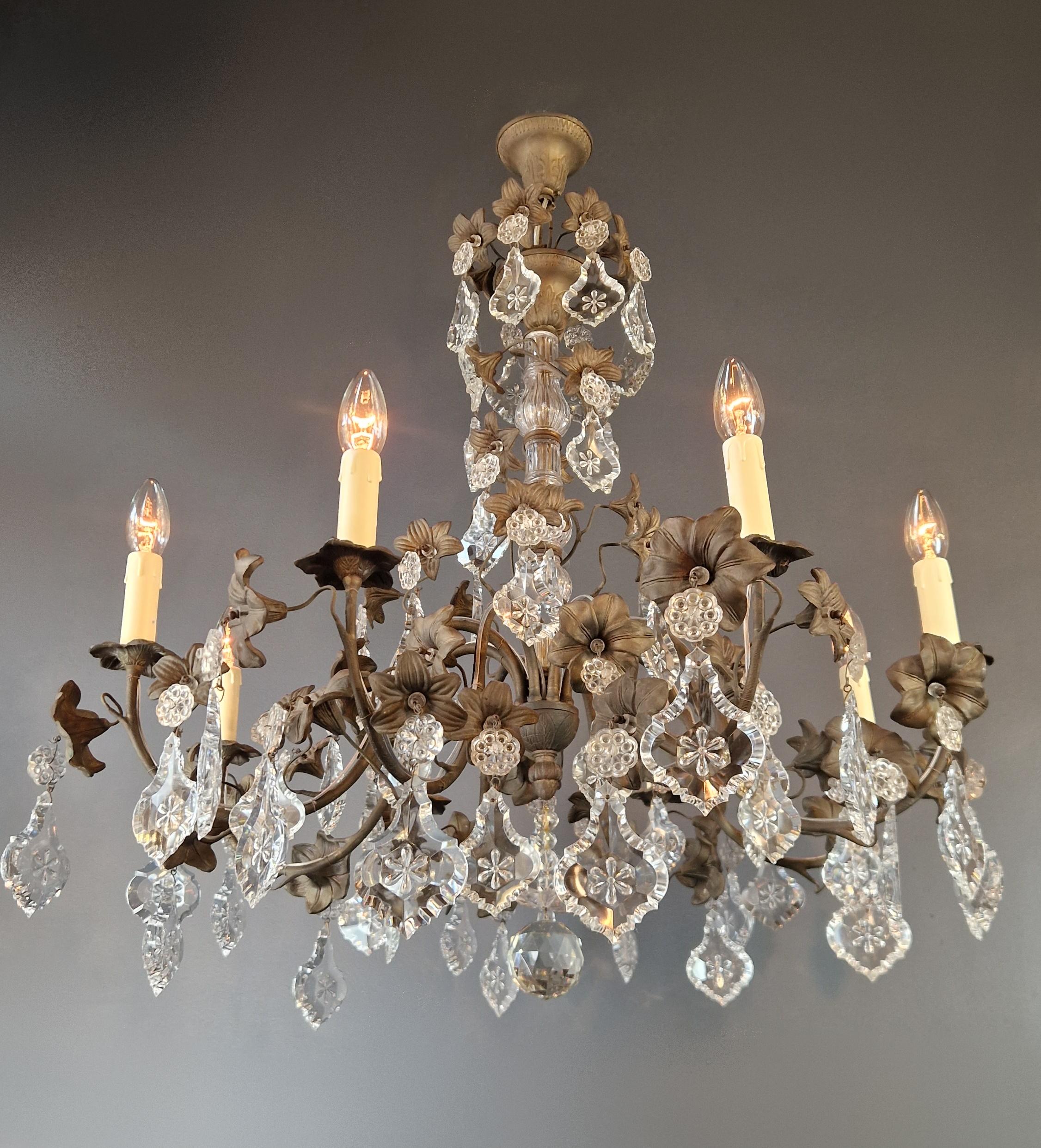 19th Century Brass Crystal Chandelier Antique Ceiling Lamp Lustre Art Nouveau Lamp  For Sale