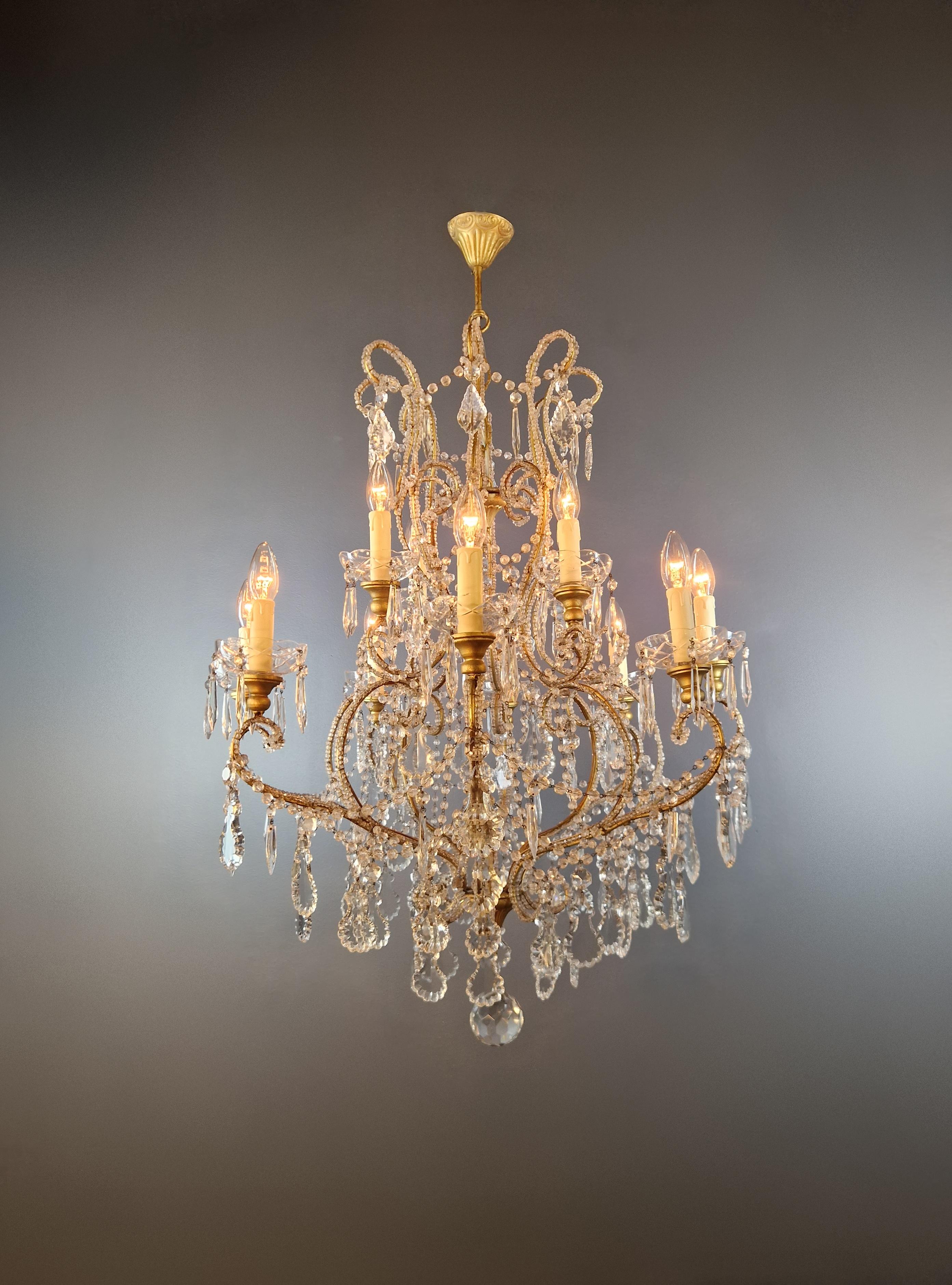 18th Century and Earlier Brass Crystal Chandelier Antique Ceiling Lamp Lustre Art Nouveau Lamp For Sale