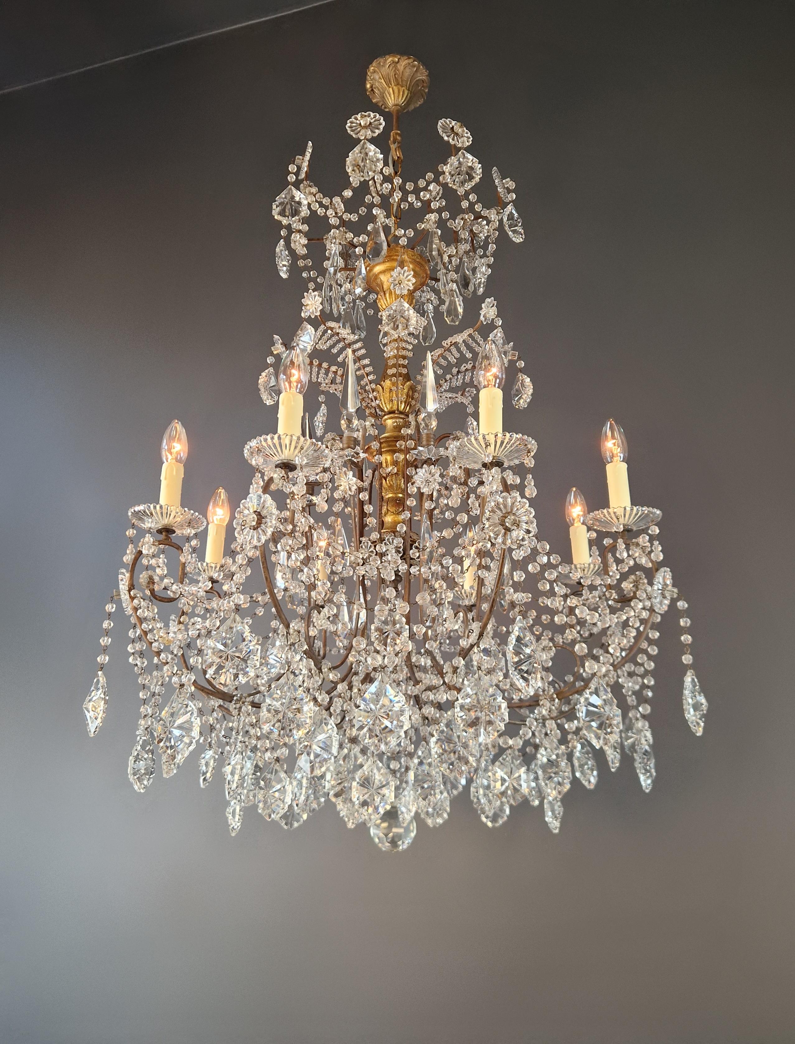 Mid-20th Century Brass Crystal Chandelier Antique Ceiling Lamp Lustre Art Nouveau Lamp For Sale