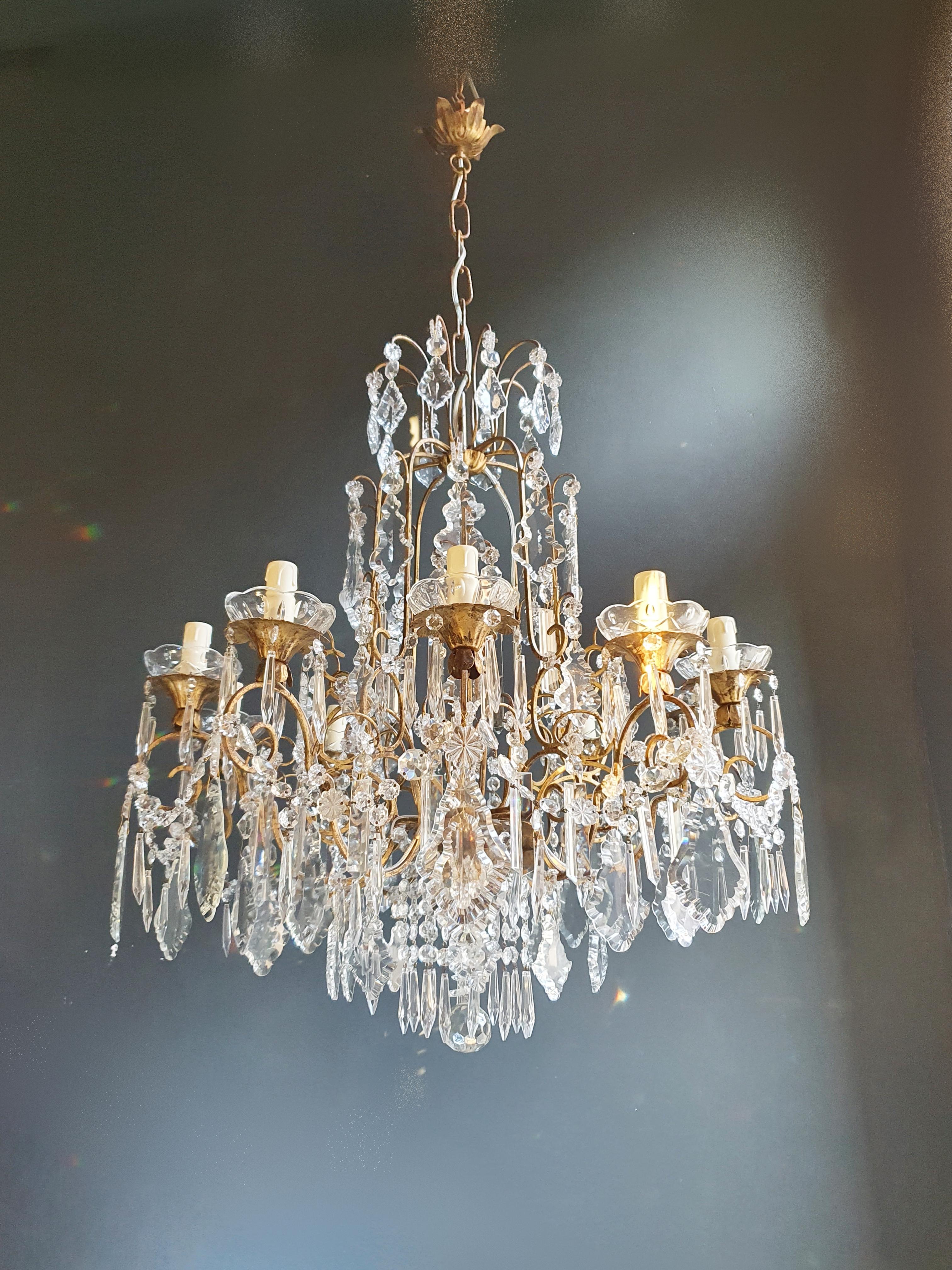 Mid-20th Century Brass Crystal Chandelier Antique Ceiling Lamp Lustre Art Nouveau Lamp For Sale