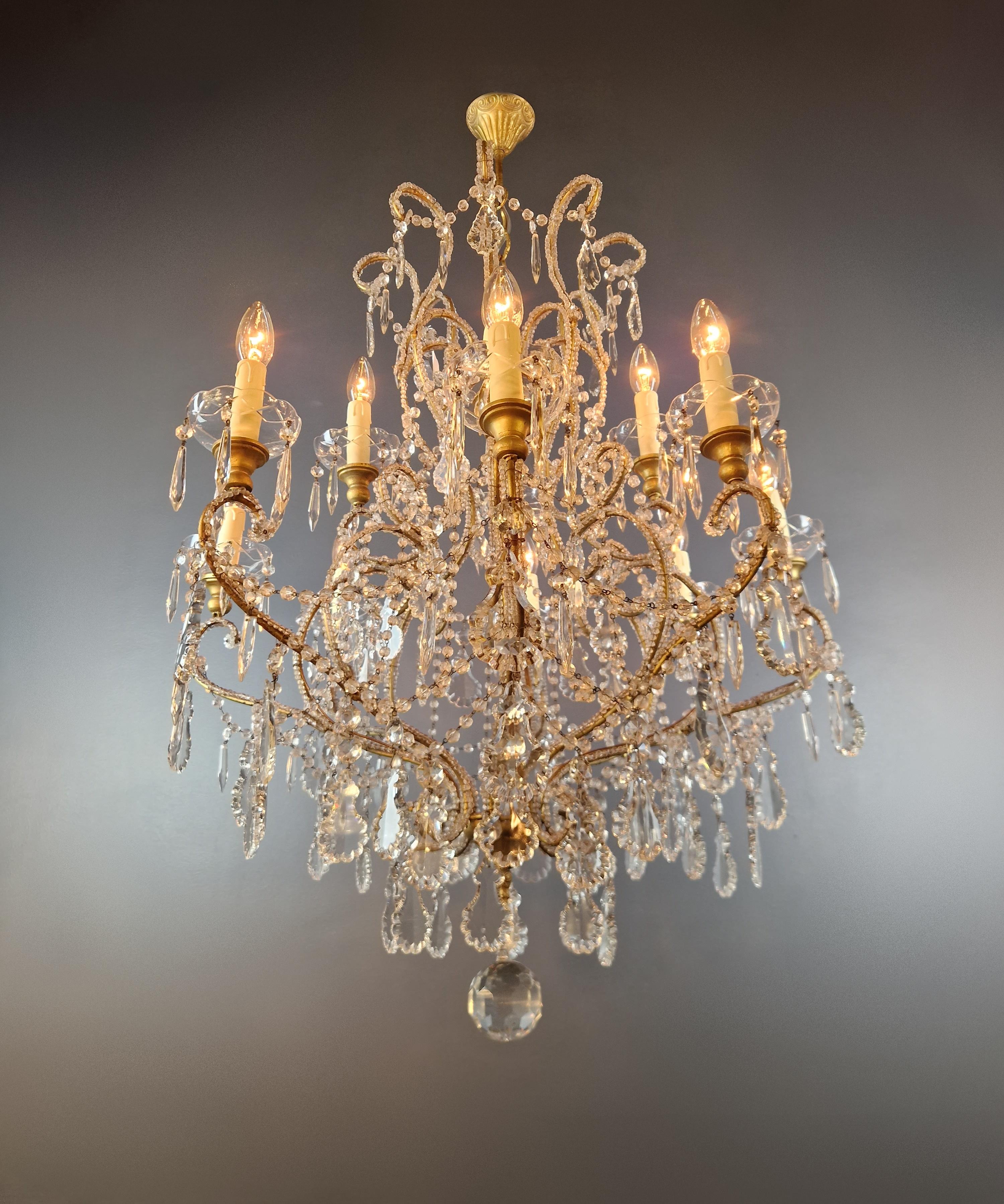 Brass Crystal Chandelier Antique Ceiling Lamp Lustre Art Nouveau Lamp For Sale 1