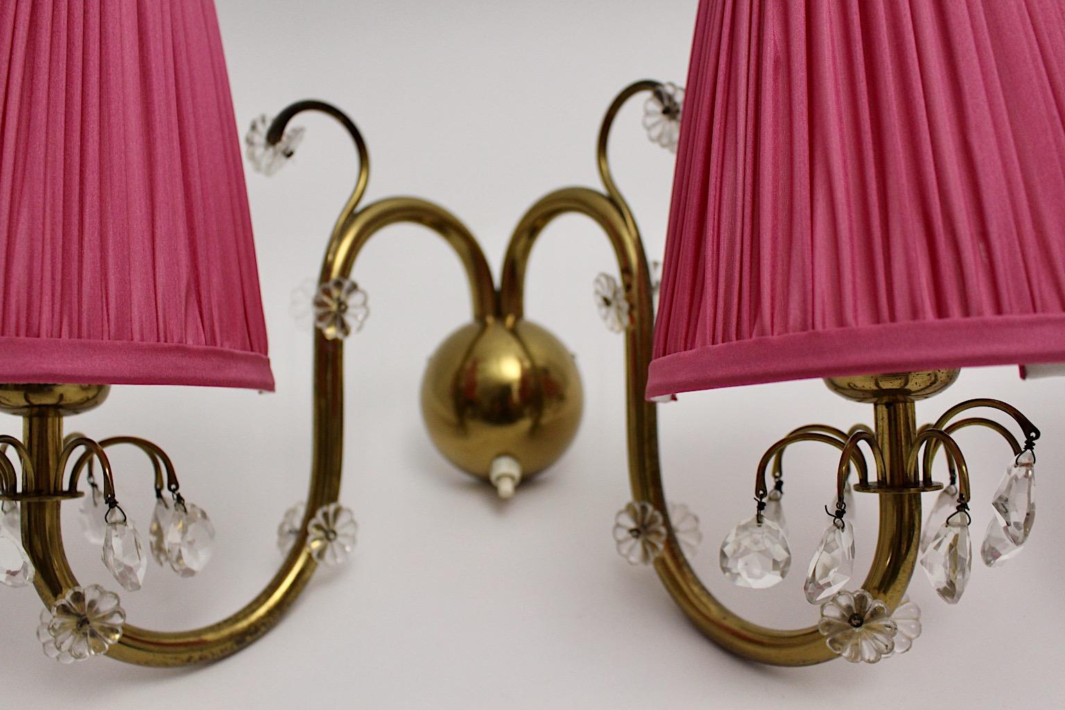 Brass Crystal Glass Pink Mid-Century Modern Pair of Sconce Lobmeyr, Vienna 1950s For Sale 5