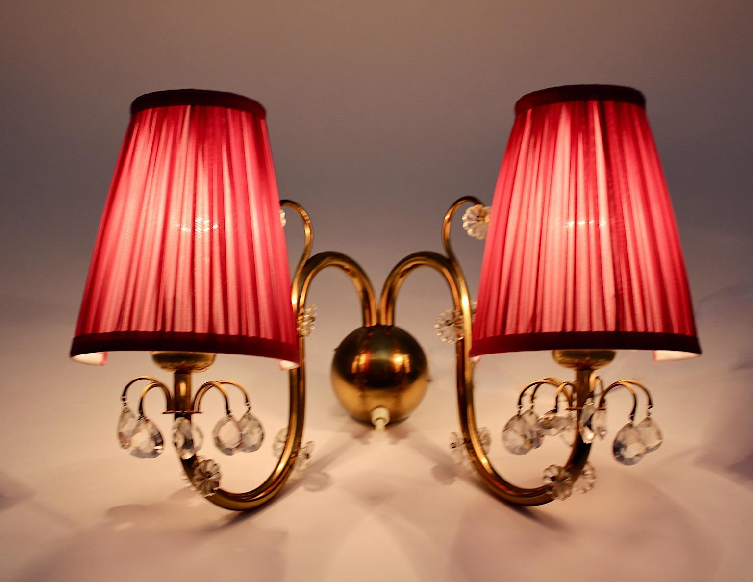 Brass Crystal Glass Pink Mid-Century Modern Pair of Sconce Lobmeyr, Vienna 1950s For Sale 7