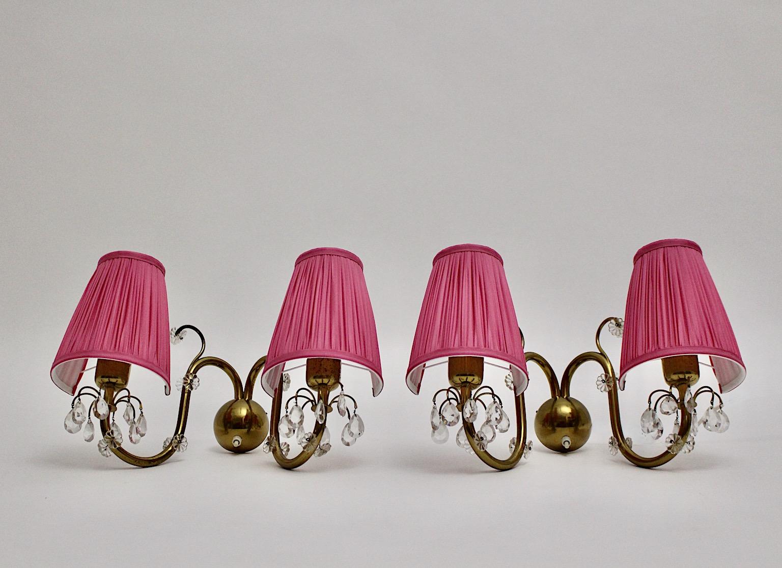 Austrian Brass Crystal Glass Pink Mid-Century Modern Pair of Sconce Lobmeyr, Vienna 1950s For Sale