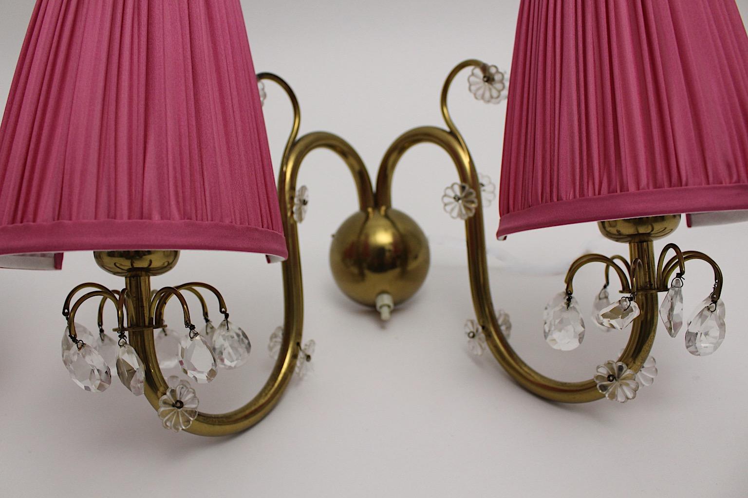 Mid-20th Century Brass Crystal Glass Pink Mid-Century Modern Pair of Sconce Lobmeyr, Vienna 1950s For Sale