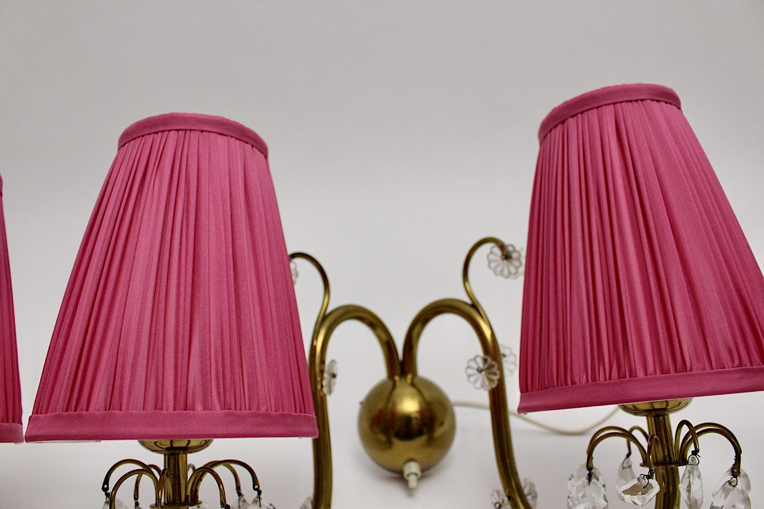 Brass Crystal Glass Pink Mid-Century Modern Pair of Sconce Lobmeyr, Vienna 1950s For Sale 4