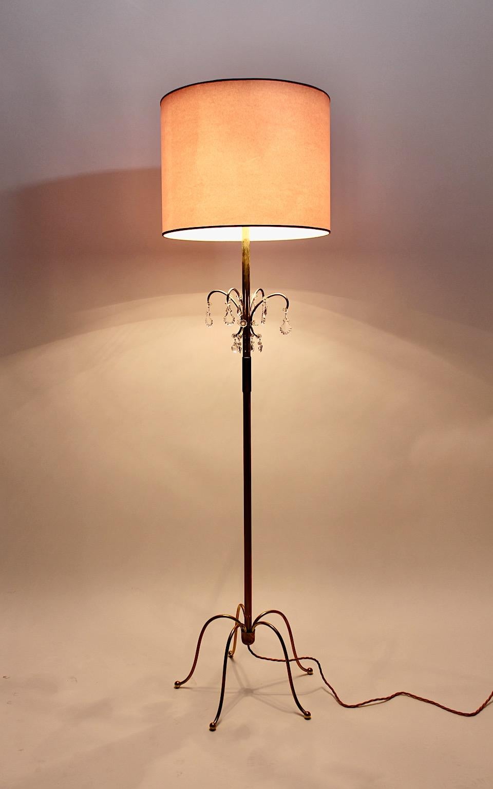 Mid-20th Century Brass Crystal Glass Vintage Mid-Century Modern Floor Lamp Lobmeyr, 1950, Vienna For Sale