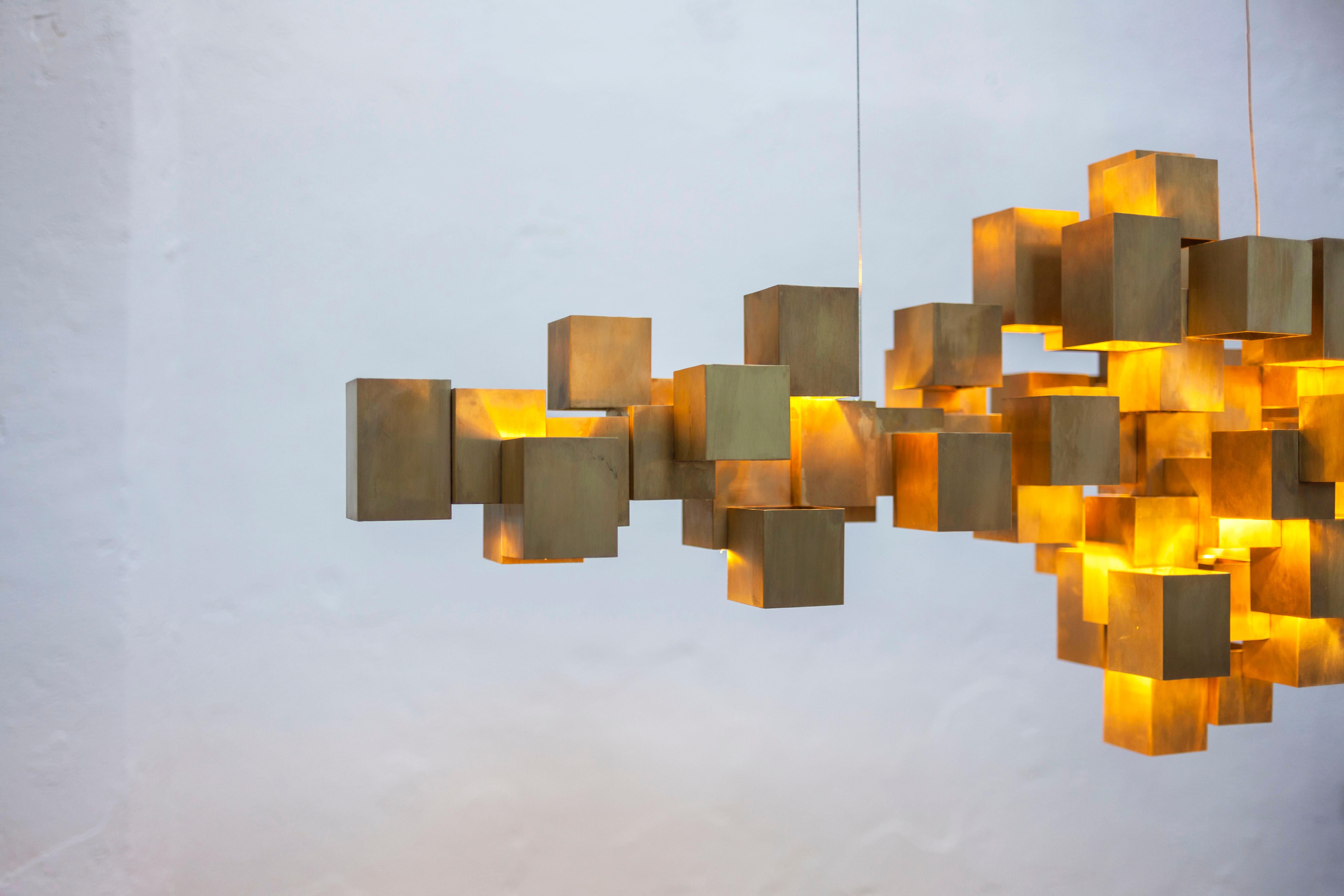 Other Brass Cube Contemporary Chandelier by HP Sommer for Morghen Studio For Sale